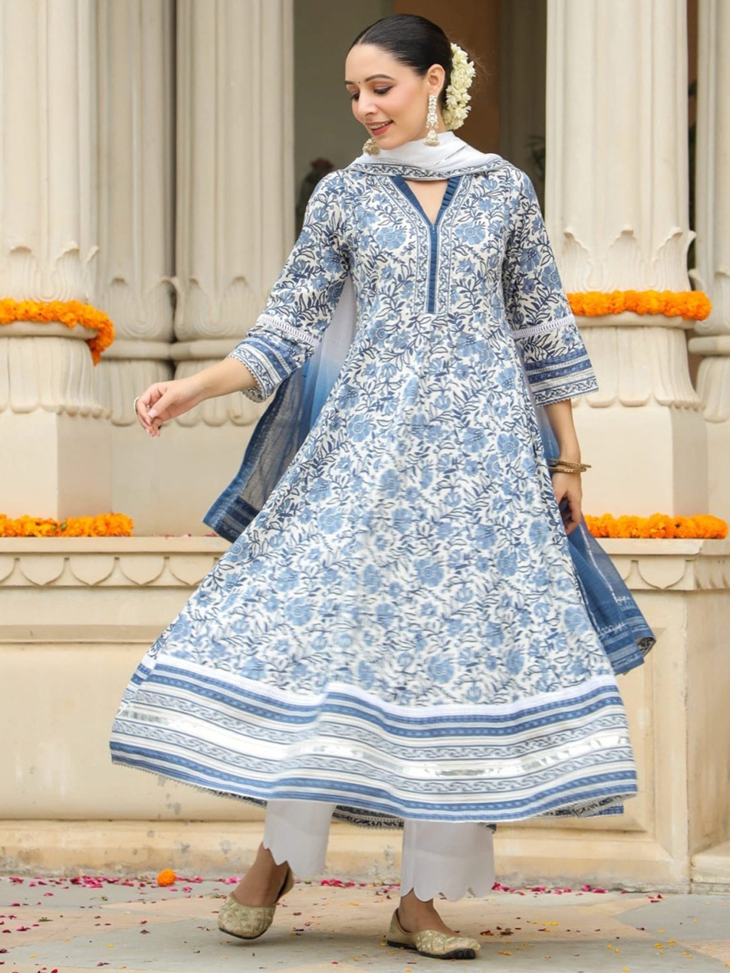 Rain and Rainbow Blue Cotton Floral Print Kurta Pant Set With Dupatta