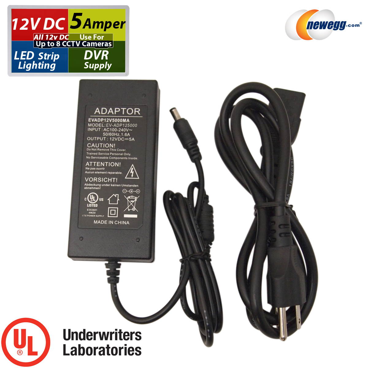 EVERTECH 12V DC 5A (5 Amper / 5000 mA) AC to DC Power Supply Adapter UL Certified