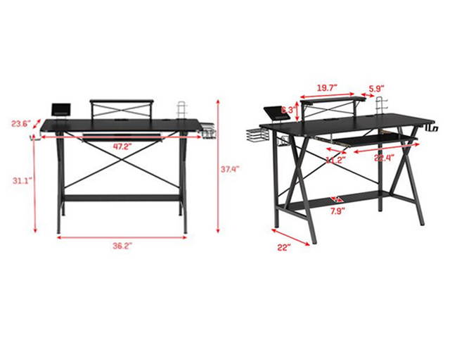 Gaming Desk Table 47" , E-Sports Computer Desk, Gaming Workstation Desk, PC Stand Shelf Keyboard stand Power Strip with USB Cup Holder & Headphone Hook Home Office Desk Gamer Desk , Black,GT02