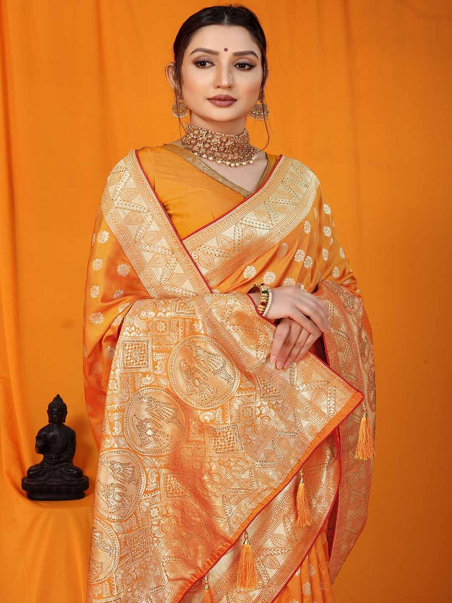 SHUBHKALA Yellow Silk Woven Saree With Unstitched Blouse