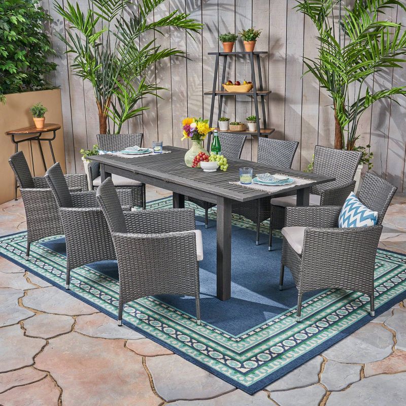 Nadia 9pc Wood and Wicker Expandable Dining Set Gray - Christopher Knight Home