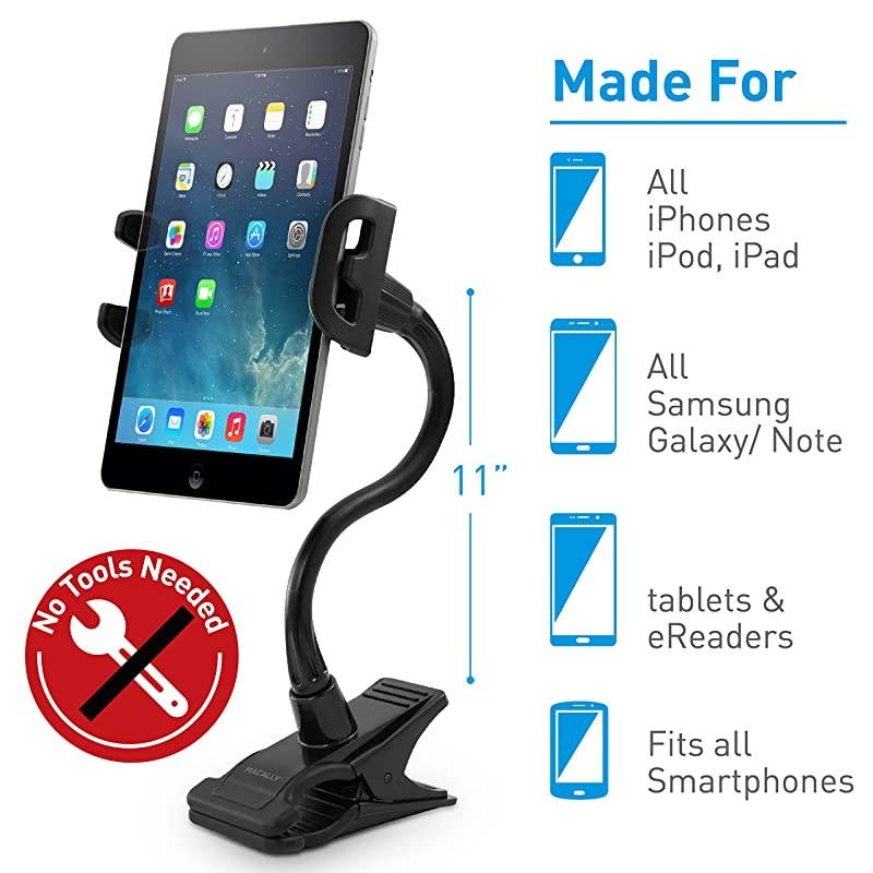 Adjustable Gooseneck Tablet Holder Phone Clip Works with Phones Tablets up to 8 Flexible Phone Holder Tablet Mount with Clip On Clamp for Desks up to 175 Thick CLIPMOUNTBlack