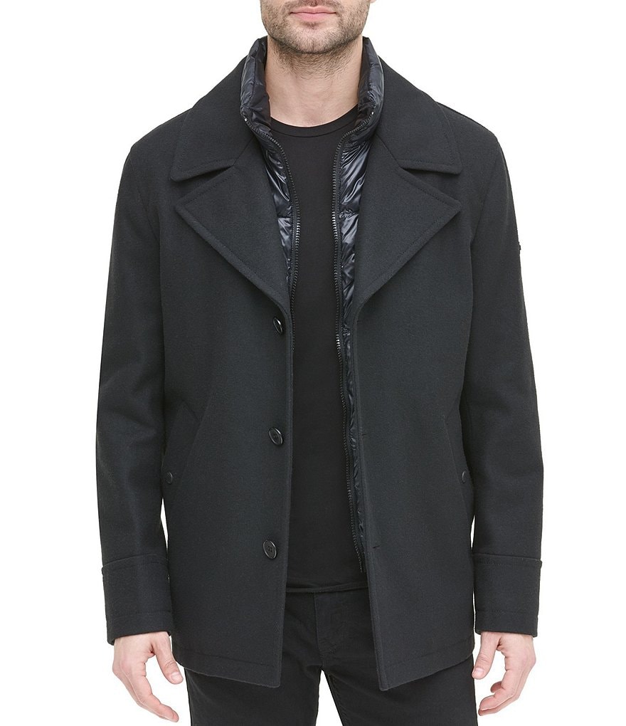 DKNY Long-Sleeve Nylon Quilted-Bib Wool-Blend Peacoat