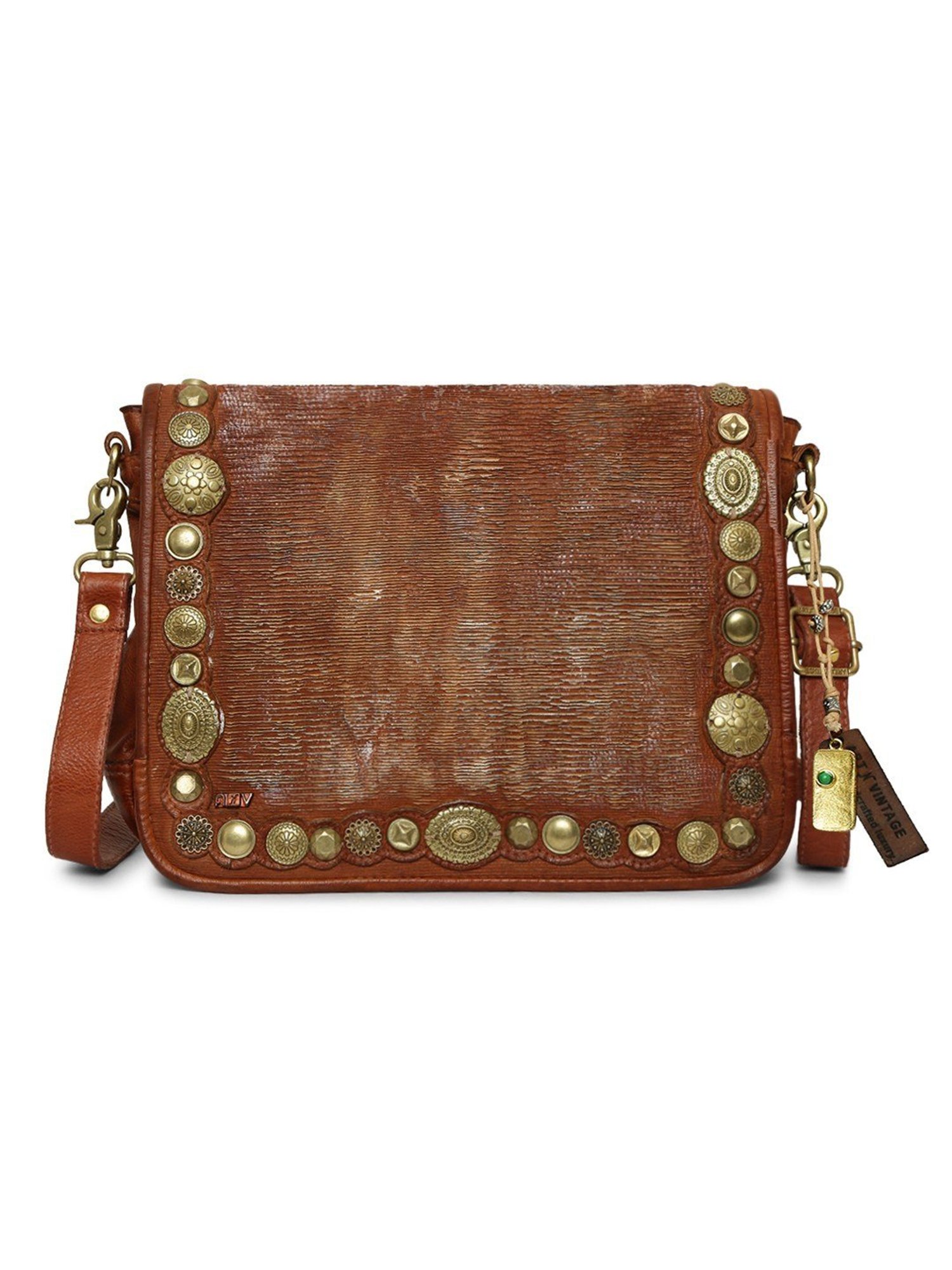 Art N Vintage Silvia Cognac Leather Embellished Medium Sling Handbag