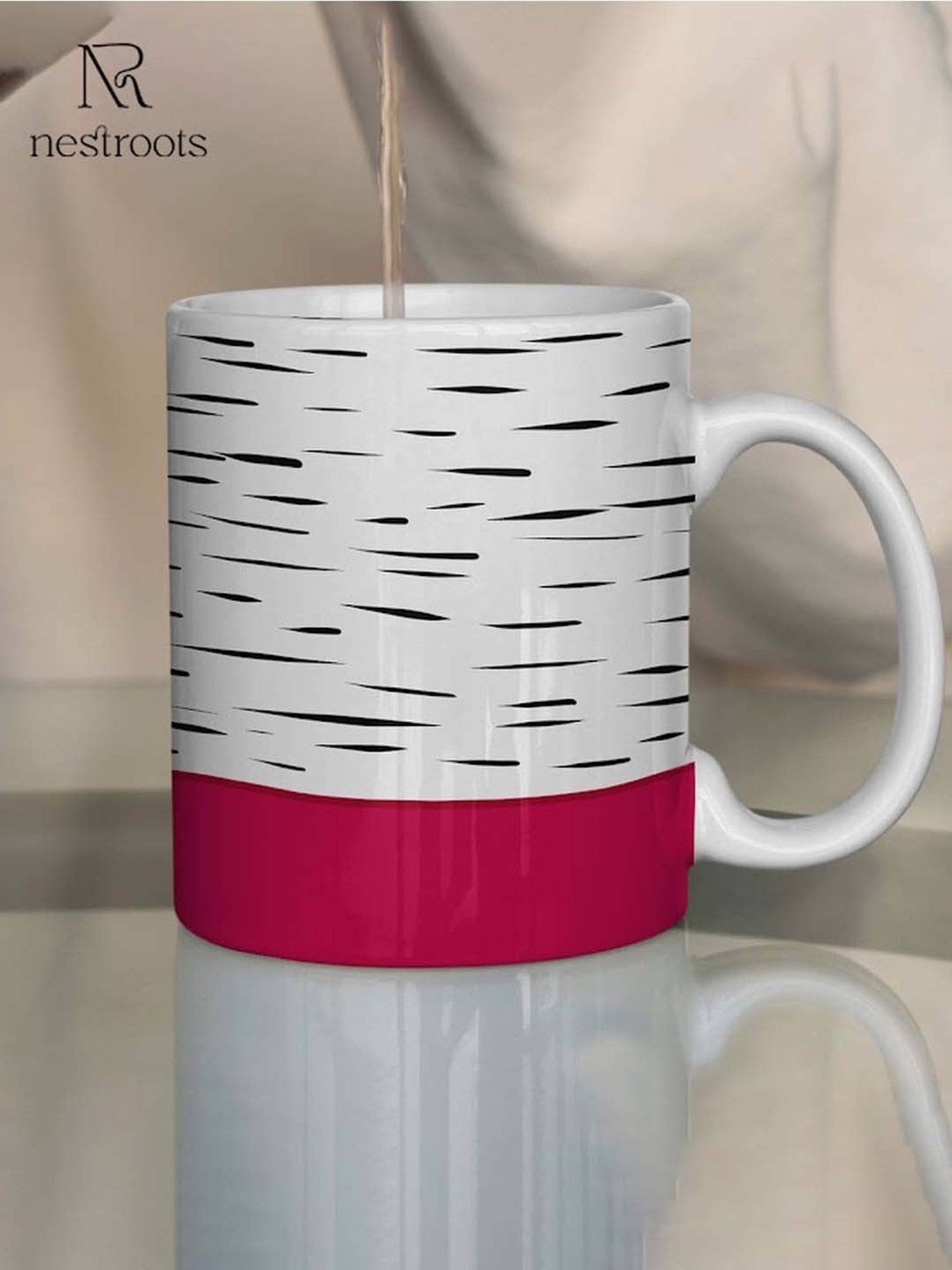 Nestroots White & Pink Stoneware Striped Design Coffee Mug (0.325 L)