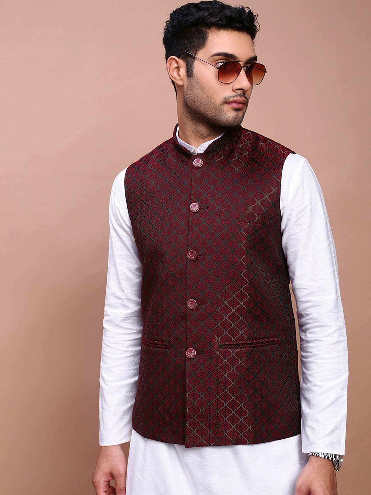 Showoff Maroon Cotton Slim Fit Self Pattern Nehru Jacket