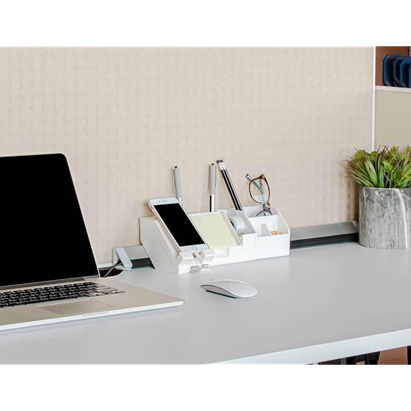 Konnect 5Piece Desktop Organizer Kit Includes Cable Management Rail Charging Phone Dock Tape Dispenser Sticky Notes Storage Bin White KTCKIT1WHITE