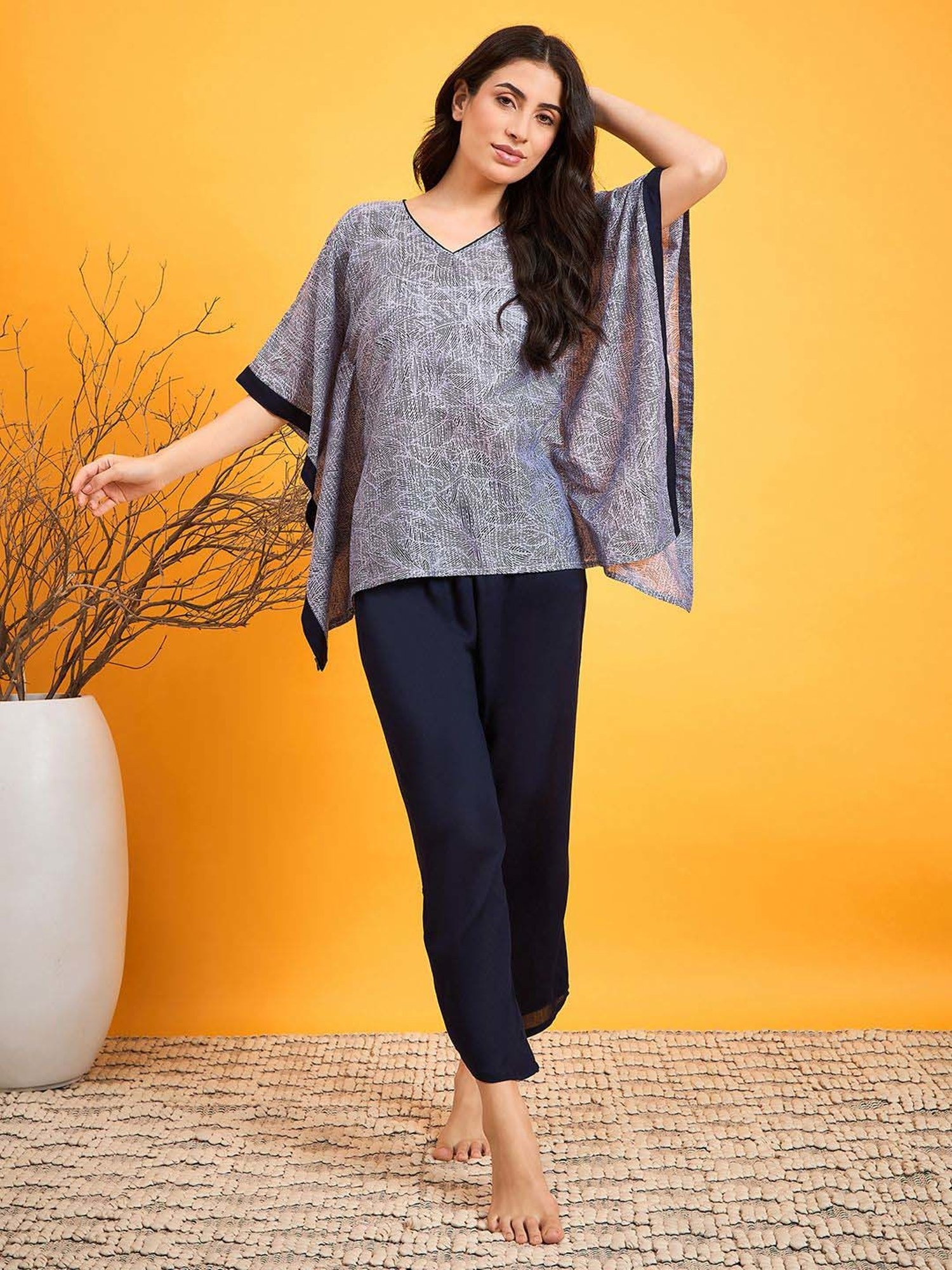 The Kaftan Company Grey Cotton Printed Top Pant Set