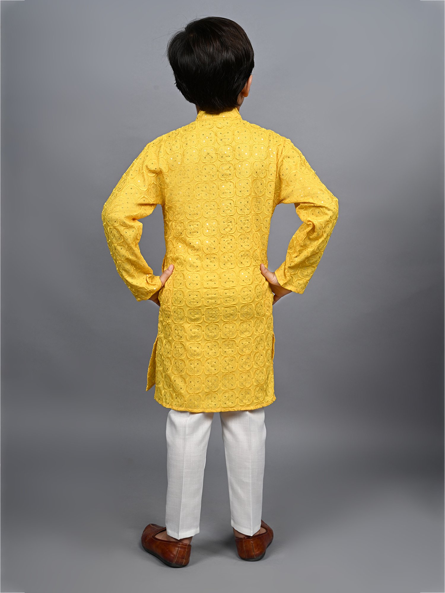 Ahhaaaa Kids Yellow & White Embellished Full Sleeves Kurta With Pyjamas