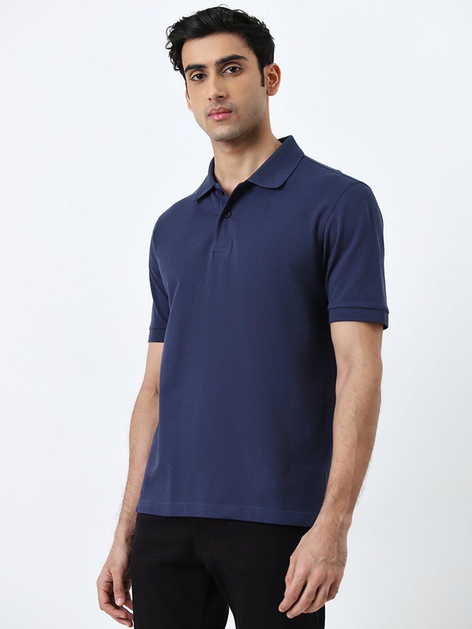 WES Casuals by Westside Dark Blue Relaxed-Fit Polo Cotton Blend T-Shirt