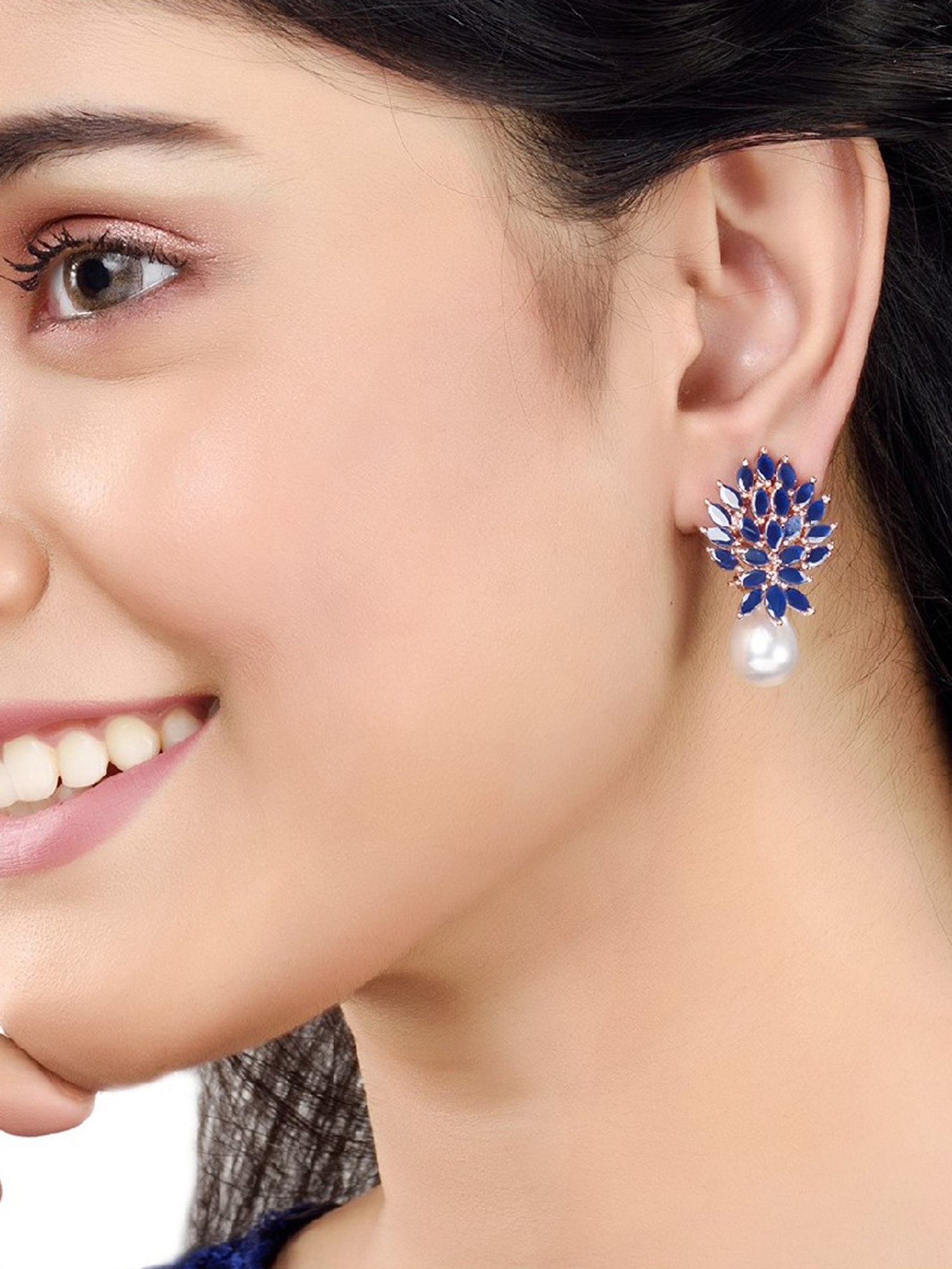 Saraf RS Jewellery Rose Gold Blue AD studded Pearl Drop Earring