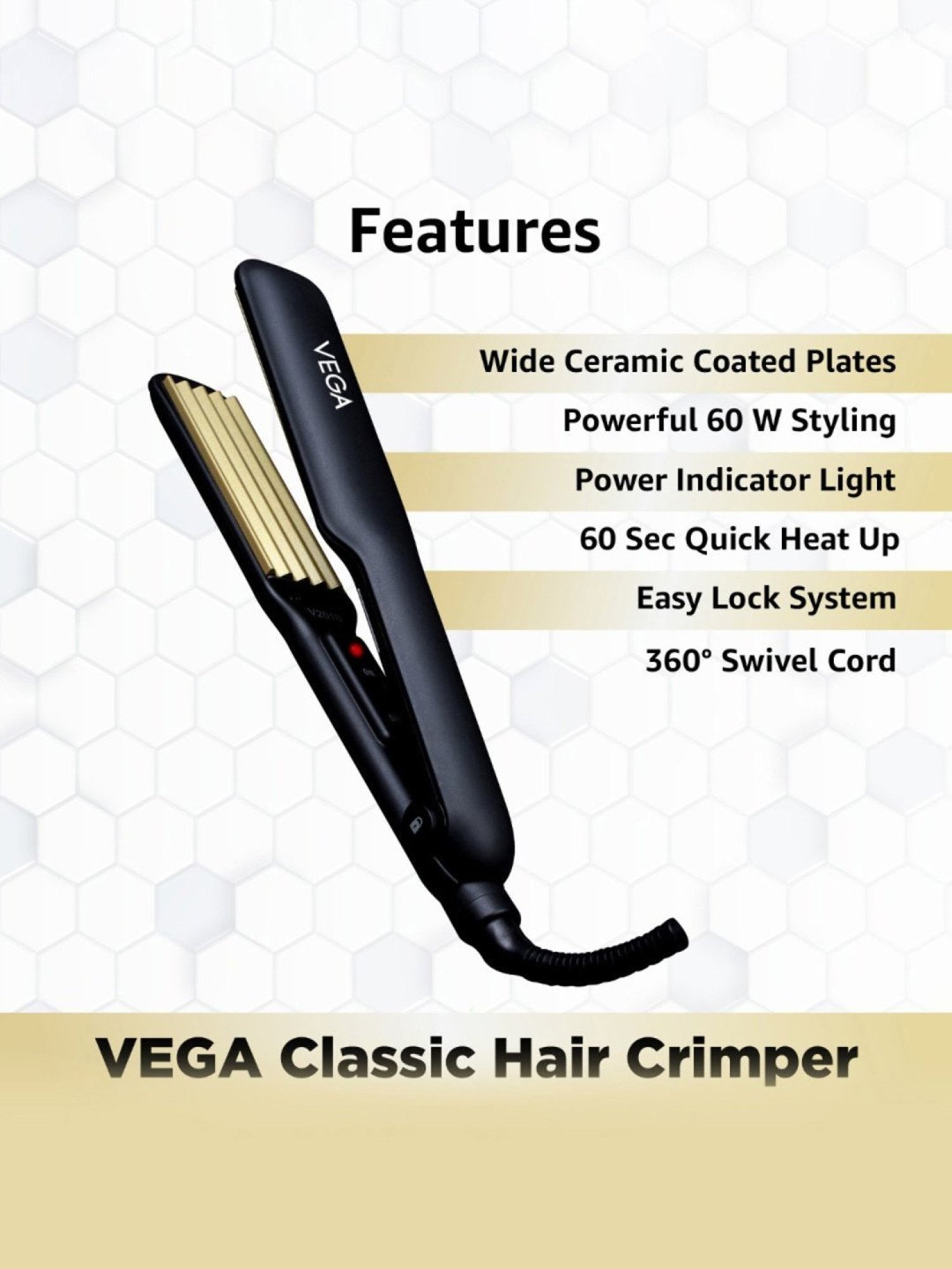 Vega Classic Hair Crimper With Quick Heat Up & Ceramic Coated Plates, (VHCR-01)