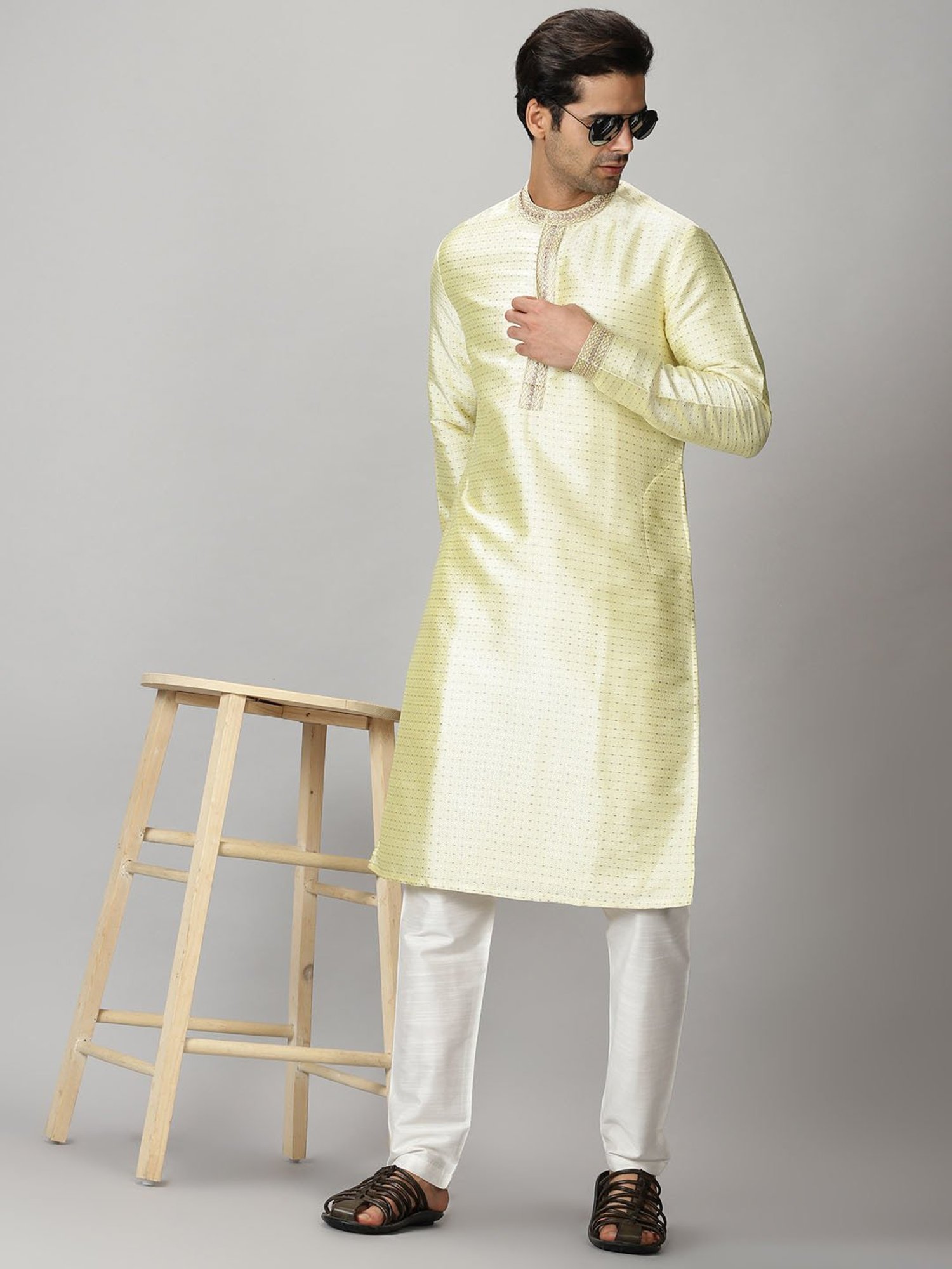 Saffron Threads Lemon Yellow Jacquard Kurta