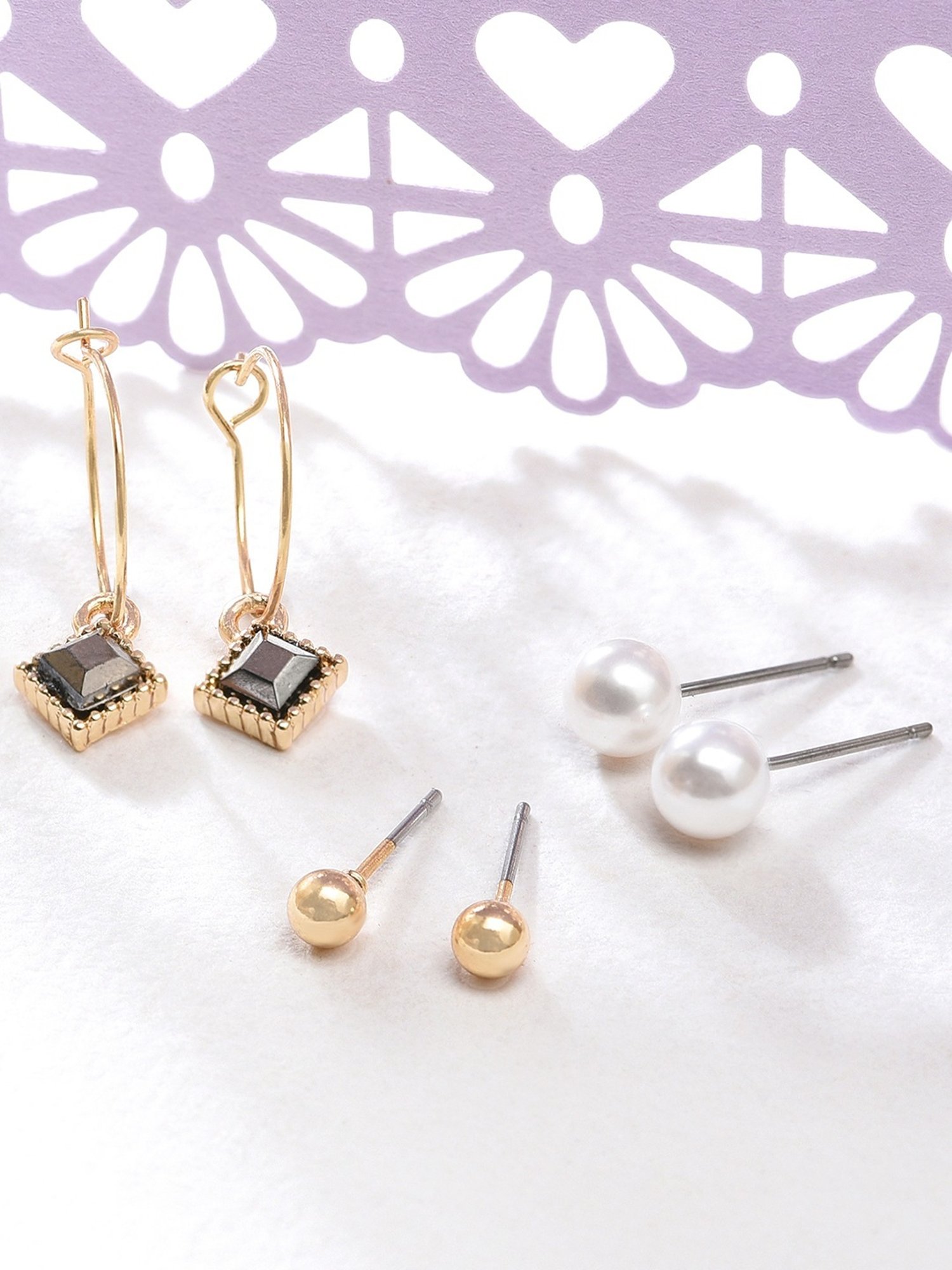 Accessorize London Sparkle Pearl White & Grey Stud & Hoop Earrings (Set of 3 )