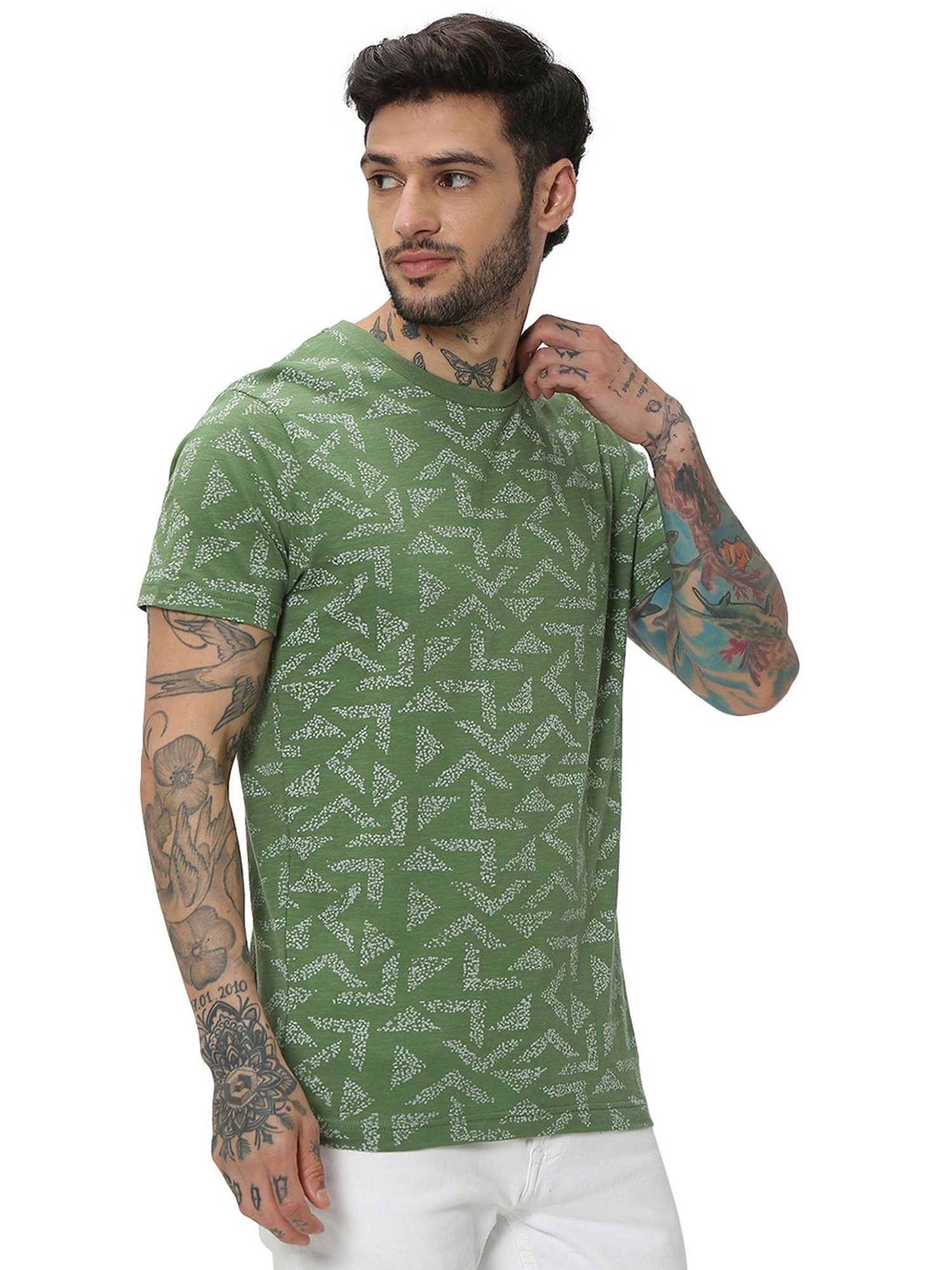 Mufti Green Slim Fit Printed Cotton Crew T-Shirt