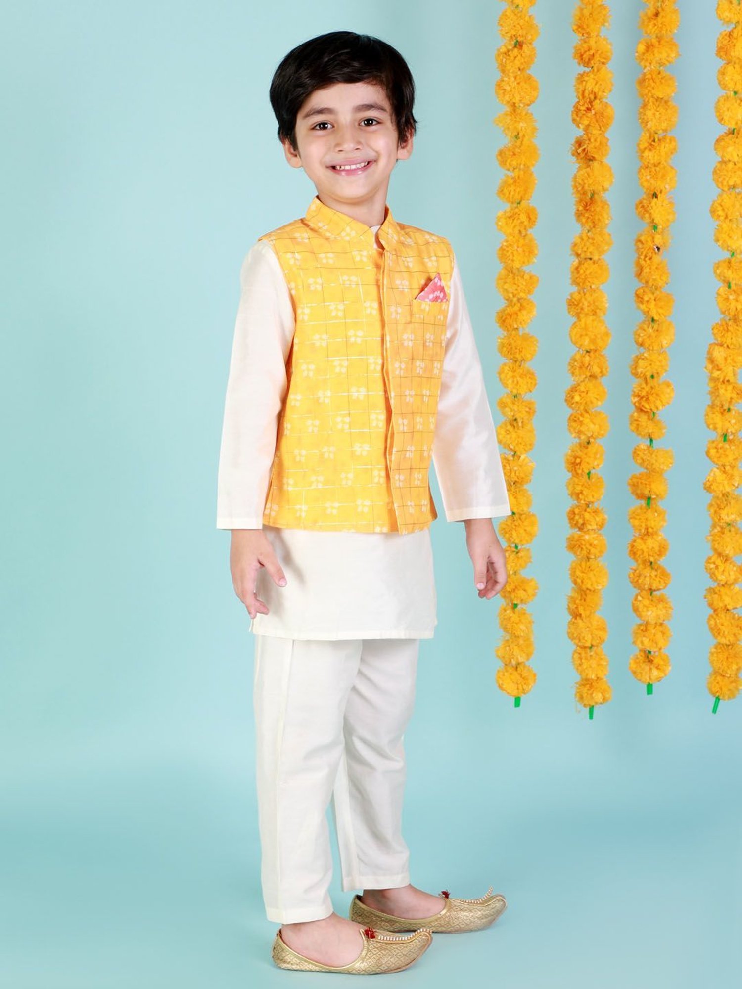 Lil Drama Kids White with Yellow Printed Full Sleeves Kurta, Jacket with Pyjamas