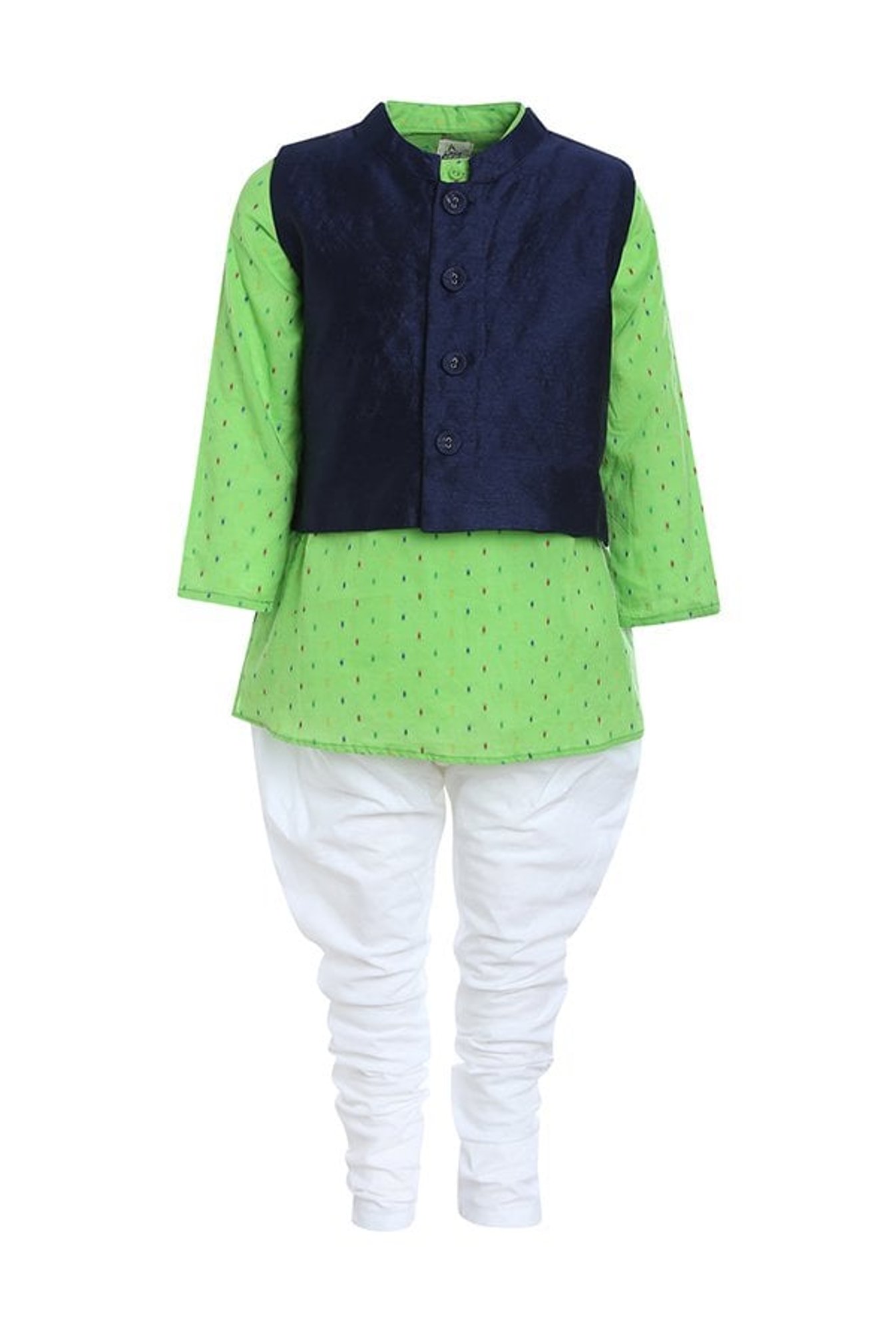A Little Fable Kids Green & White Printed Kurta, Pyjama With Jacket