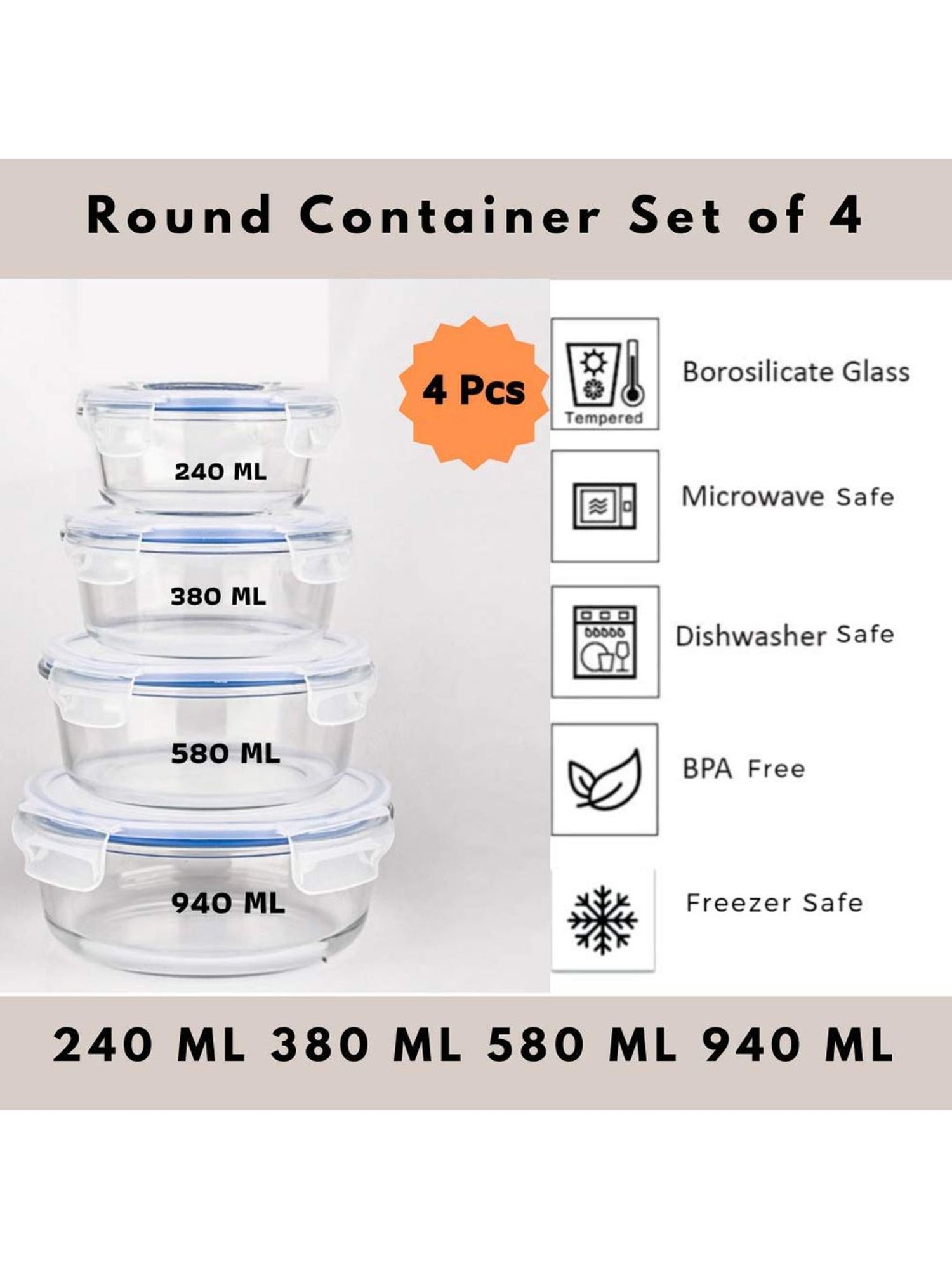 Femora Glass Storage Container with Air Vent Lid (240 ml, 380 ml, 580 ml & 940 ml) - Set of 4