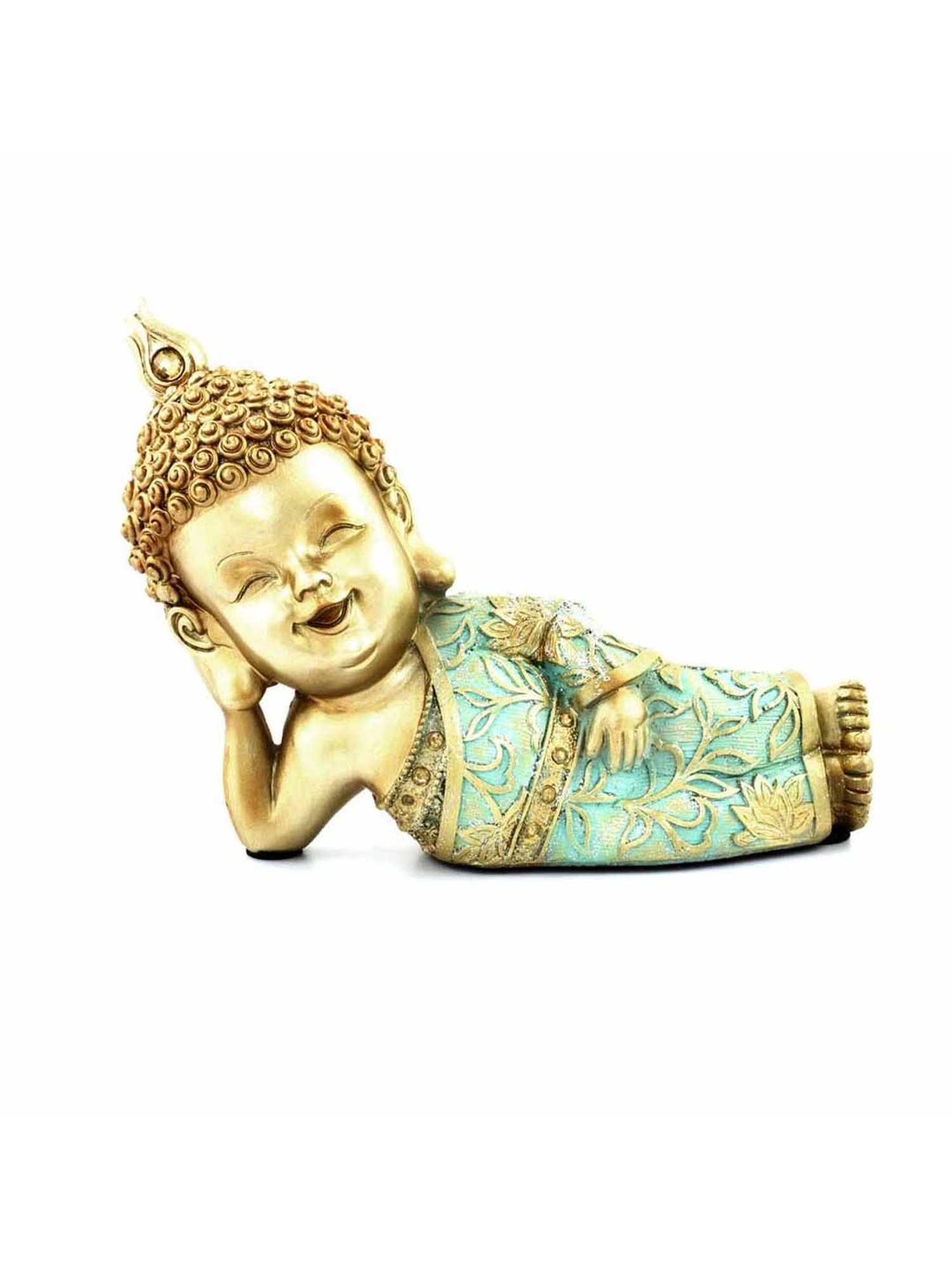 @home Nilkamal Mint & Gold Polyresin Baby Monk Lying Decorative Showpiece
