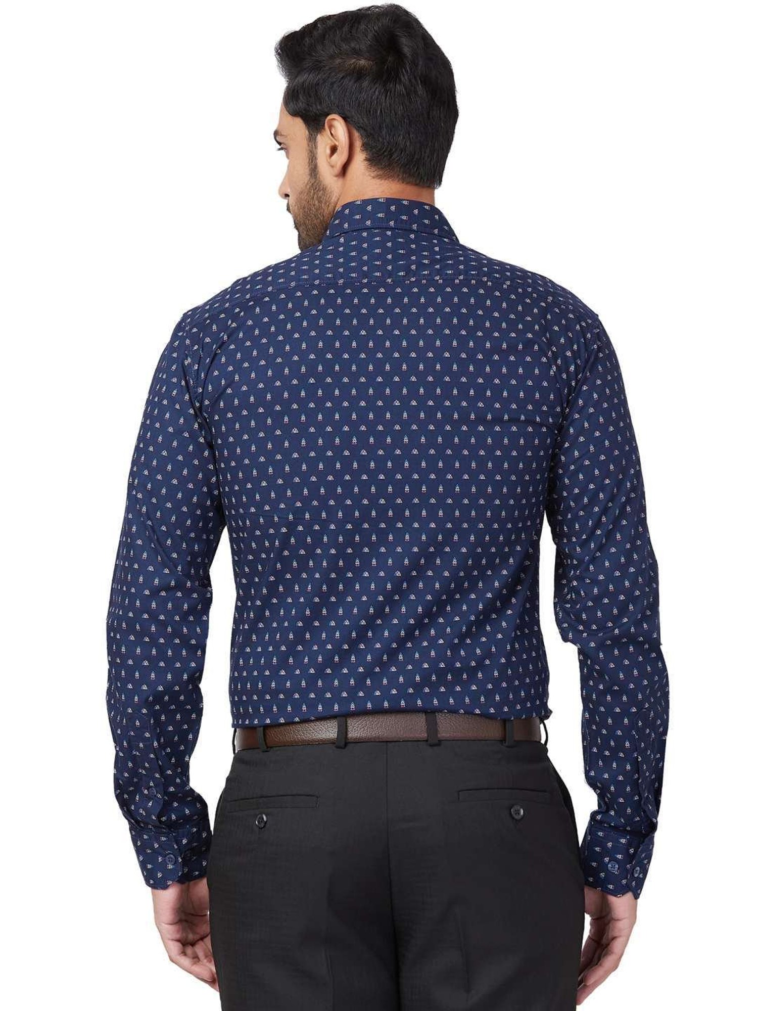 Parx Blue Cotton Slim Fit Printed Shirt