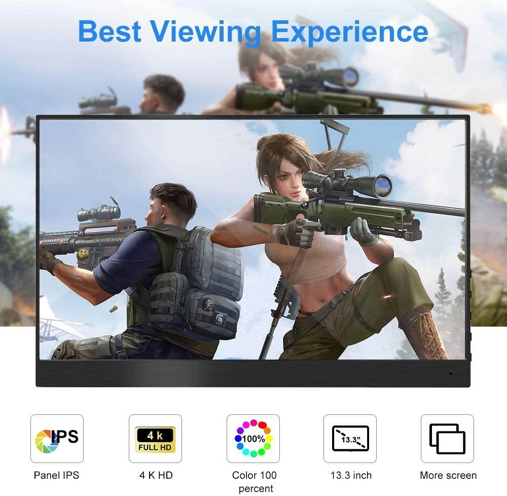 4k Portable Monitor, 13.3 Inch USB C Computer External Monitors 3200x1800 USB-C Display Screen with Dual Type-C Mini HDMI VESA for Laptop PC Phone Mac Surface Xbox One PS3 PS4 Switch Raspberry Pi