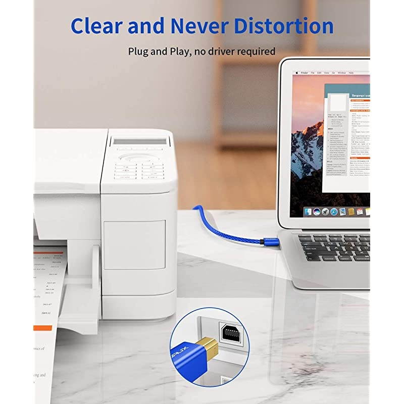 Printer Cable,  6ft USB 2.0 Type A Male to B Male Printer Scanner Cord High Speed Compatible with HP, Canon, Dell, Epson, Lexmark, Xerox, Samsung and More (Blue)