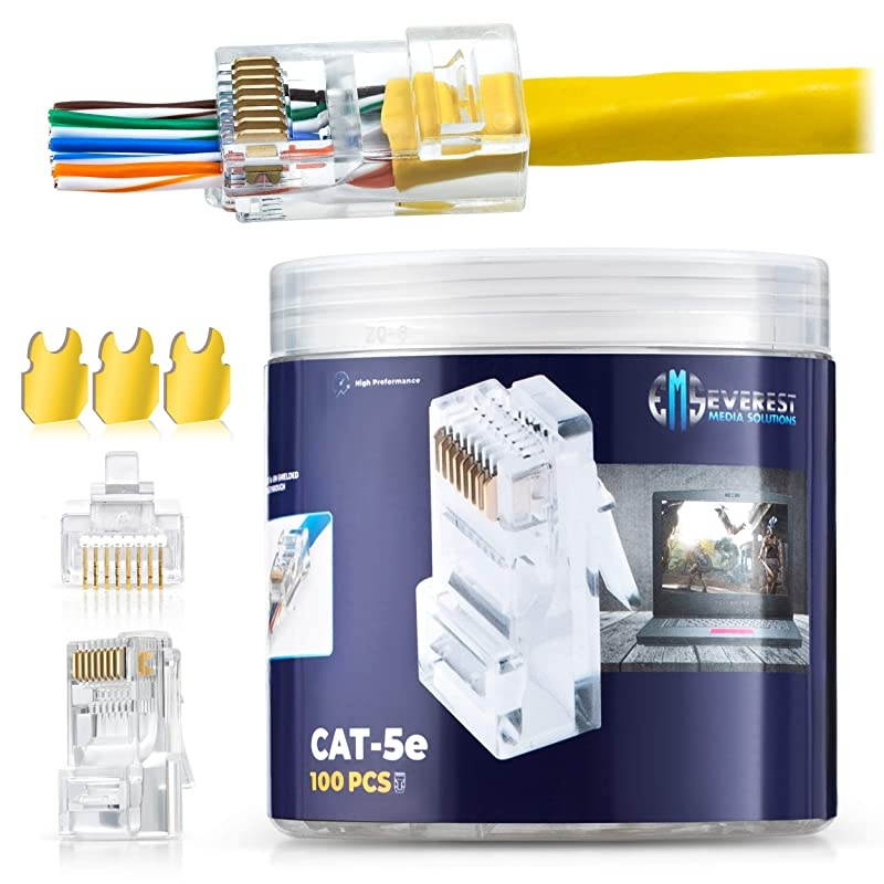 Cat5 Cat5e Pass Through Connectors Pack of 100Jar | EZ Crimp Connector UTP Network Unshielded Plug for Twisted Pair Solid Wire Standard Cables | Transparent Passthrough Ethernet Insert