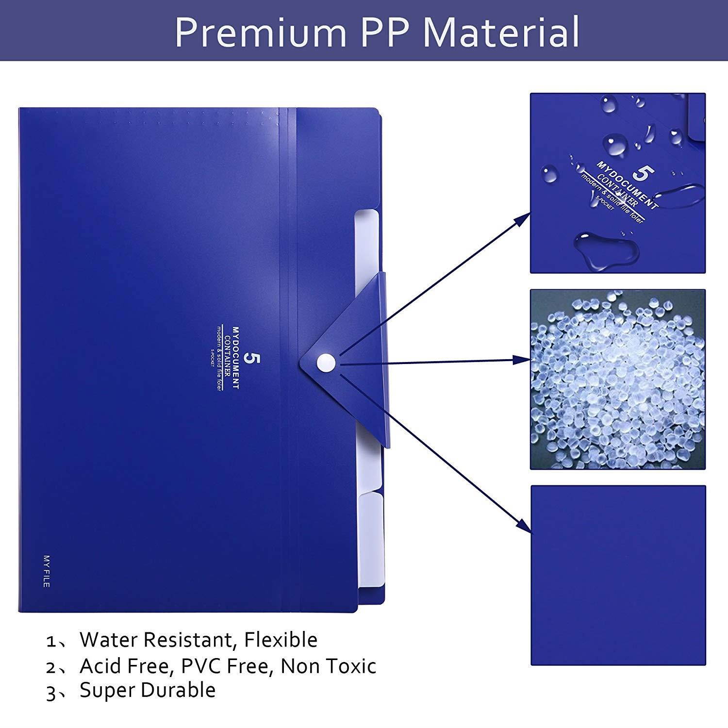 Skydue PP Expanding File Folder Accordion Documents Letters Organizer, 5 Pockets, A4 Size (Navy Blue)
