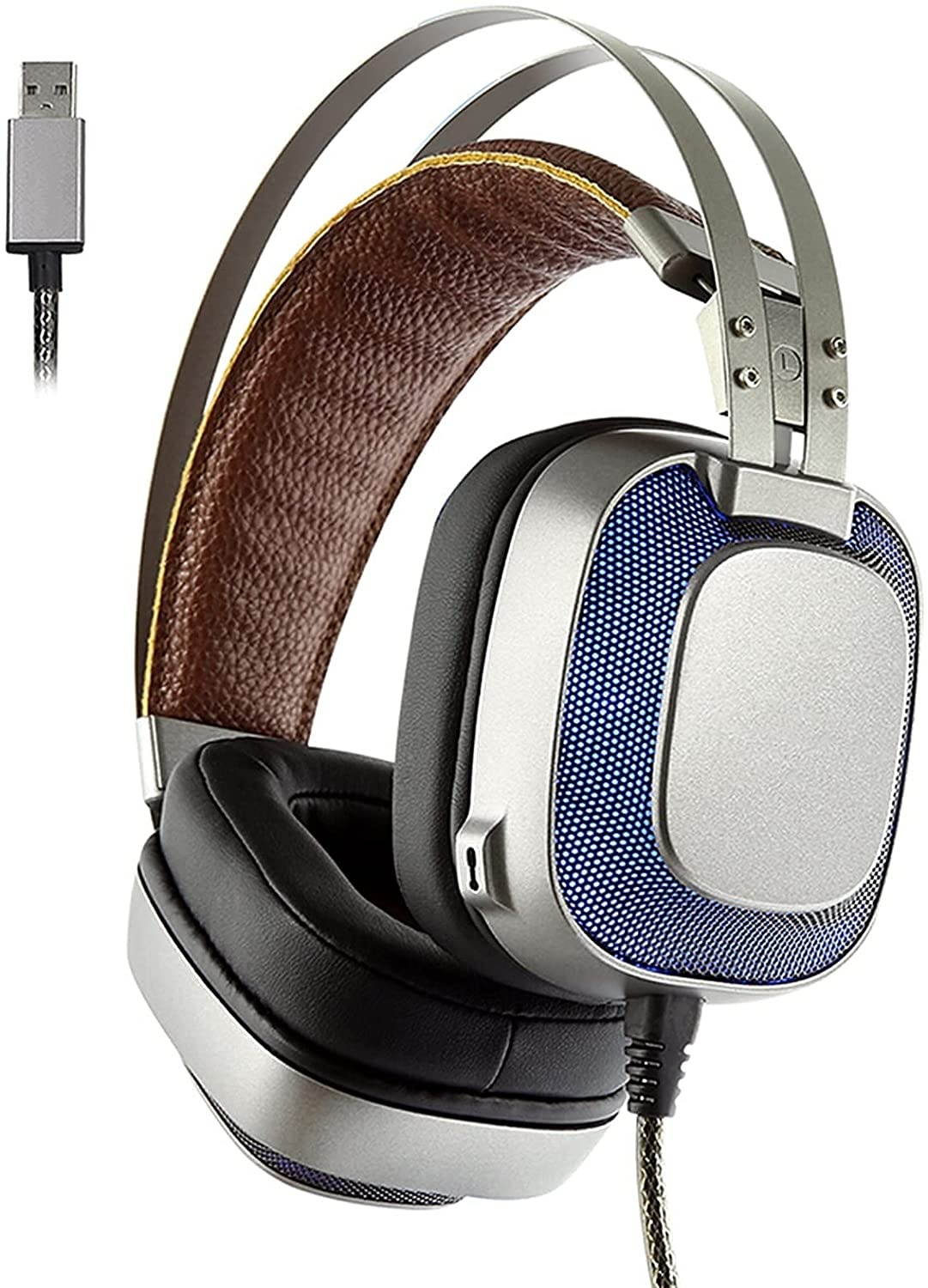 WFGS725 Computer Headset USB Gaming Headphone 7.1 Channel Headset with Mic Stereo Bass Earphone LED Light for PC Laptop Comfortable