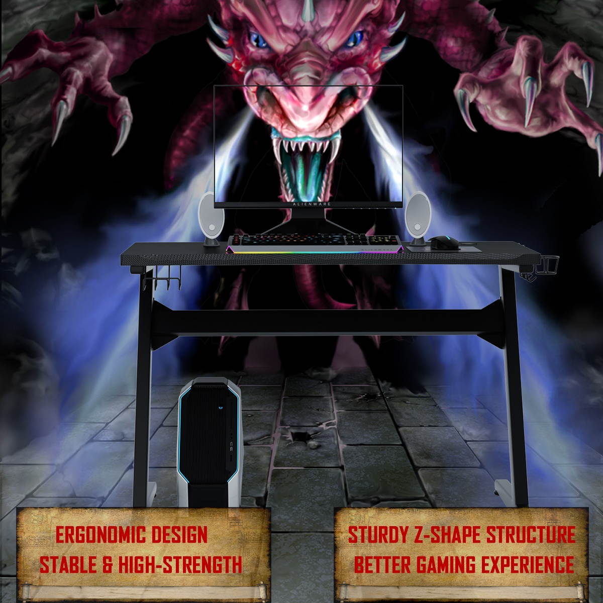 Gaming Desk Computer Studio Desk PC Table Z Shape Gamer Workstation w/Mousepad