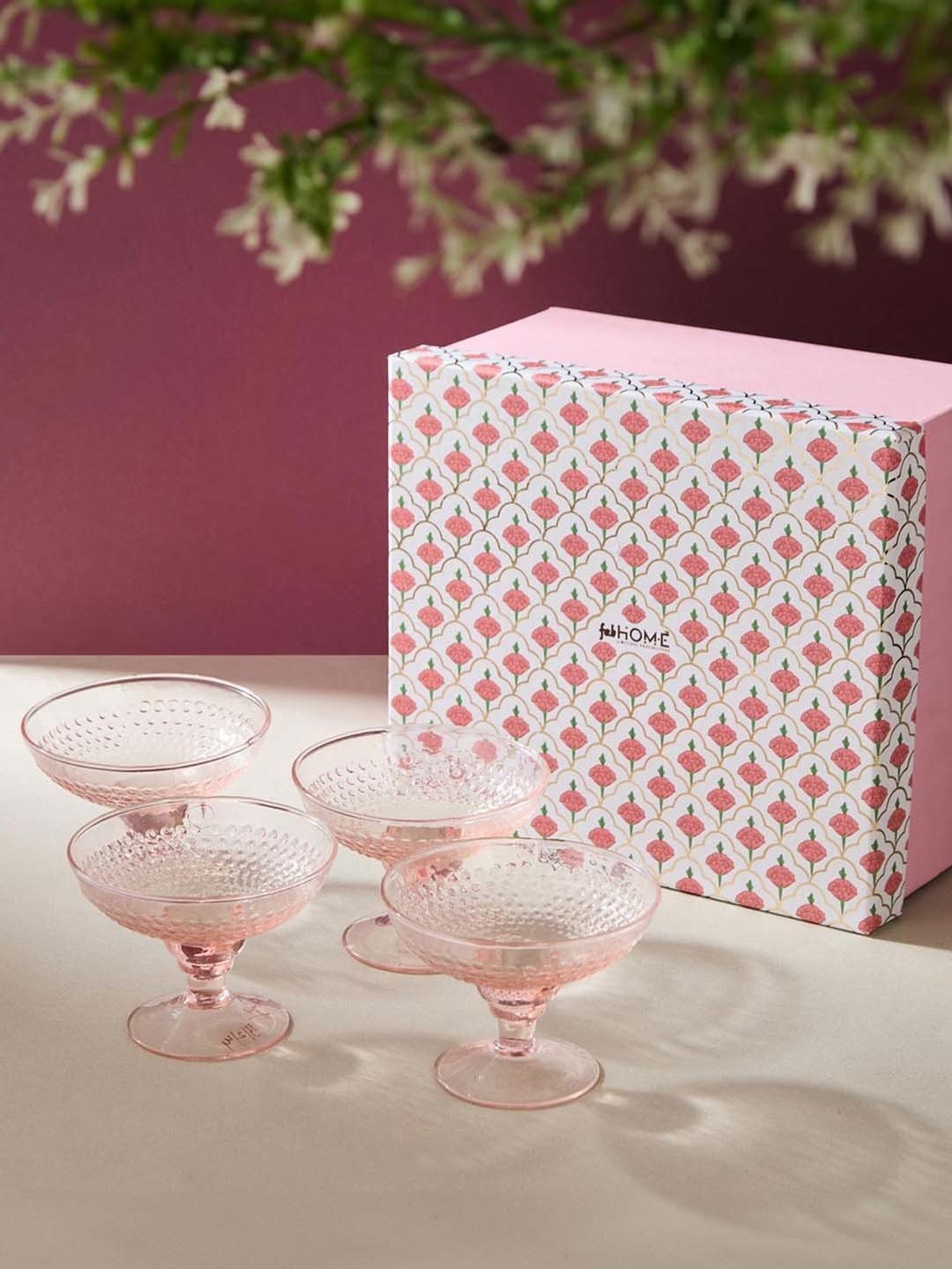 Fabindia Home Taraash Pink Glass Dessert Bowls (0.12 L) - Set of 4