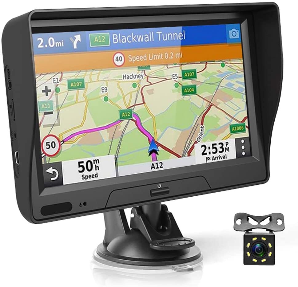 Podofo GPS Navigation for Car, Lifetime Map Update, Bluetooth Voice Broadcast Truck GPS Navigation System 7 inch 8G 256M Car Navigator Support Backup Camera,Voice Turn Direction Guidance,Speed Warning