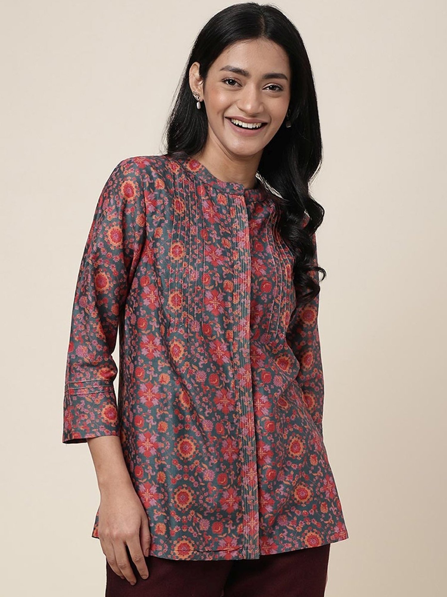 Fabindia Green & Pink Floral Print Tunic