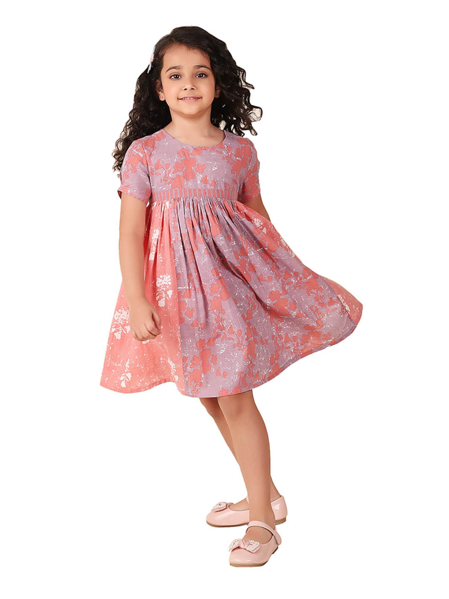 Fabindia Kids Lavender & Coral Printed Dress