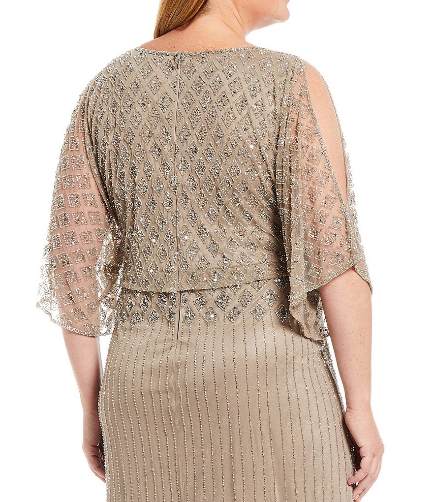 Pisarro Nights Plus Size Round Neck 3/4 Flutter Sleeve Beaded Bodice Blouson Gown