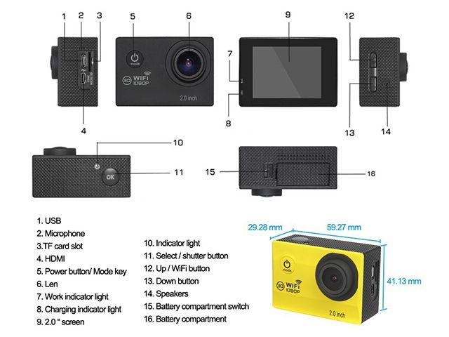 2.0 inch 1080P Action Camera Wifi 170 Degree Lens 50M Waterproof Pro Sport DV Bike Helmet Cam Mini Camcorder Rose Red Color Version