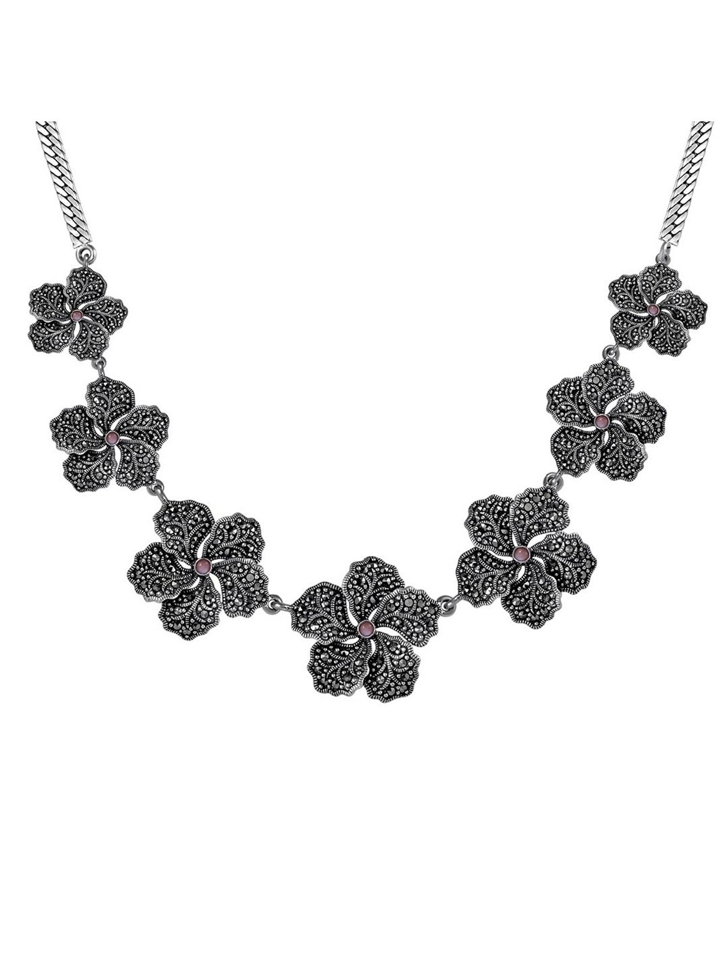 Rihi by P.C. Chandra Jewellers Oxidized Flower Necklace And Earring Set With Pink Stone