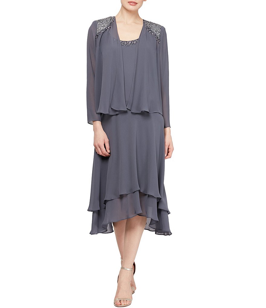 Ignite Evenings Petite Size Scoop Neck Long Sleeve Sequined Shoulder Midi Length 2-Piece Jacket Dress