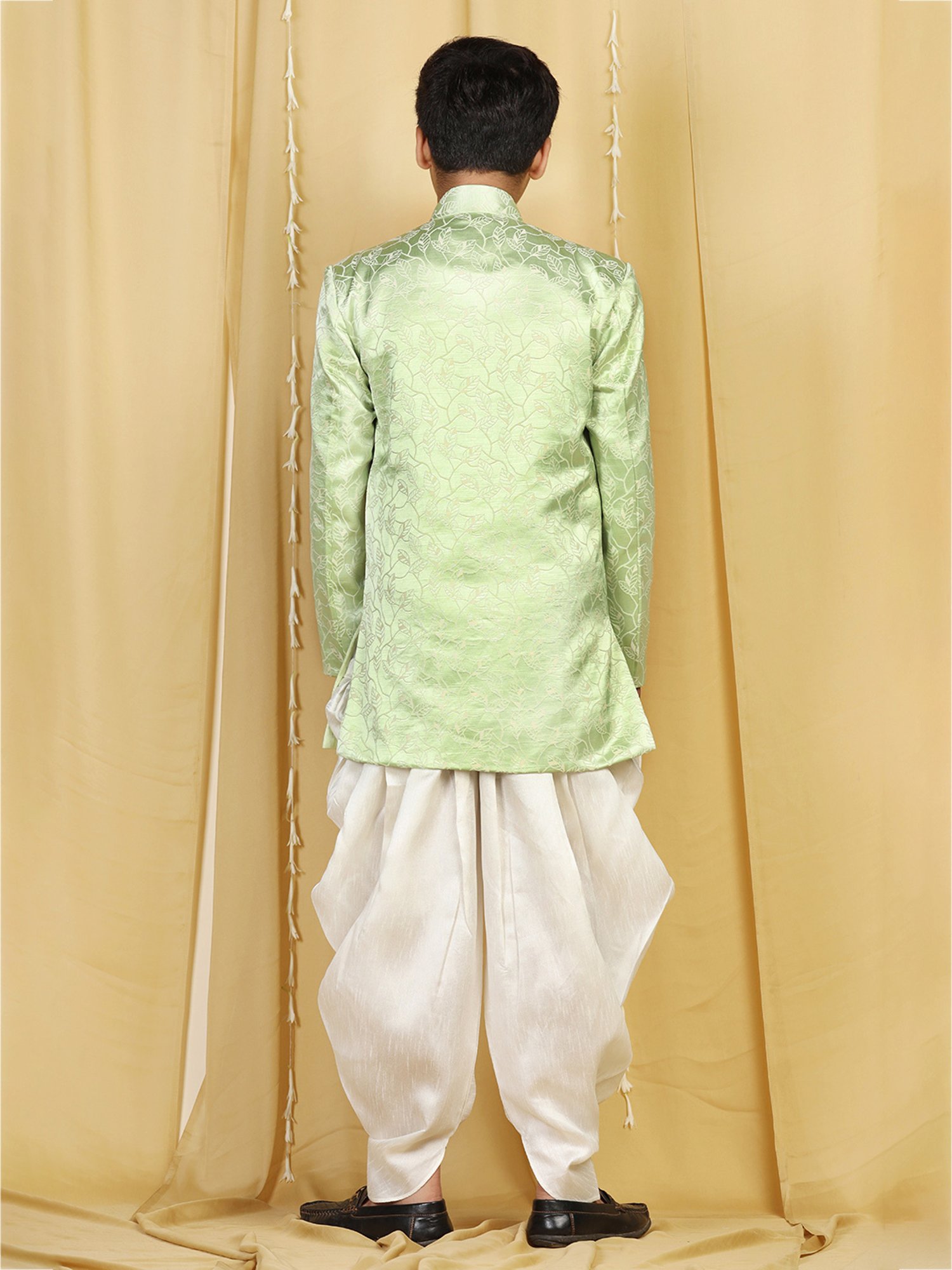 AJ Dezines Kids Green & White Printed Full Sleeves Sherwani with Salwar