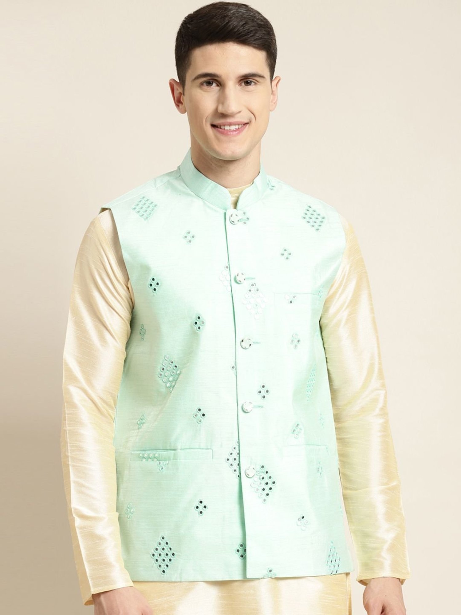 Sojanya Green Regular Fit Self Pattern Nehru Jacket