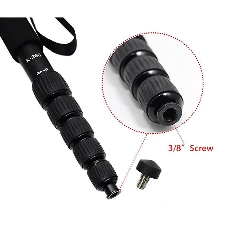 6Section Monopod Compact Portable Photography Aluminum Alloy Unipod Stick Max Load 10kg 22lbs Folding Size is only 15inch K266 Black
