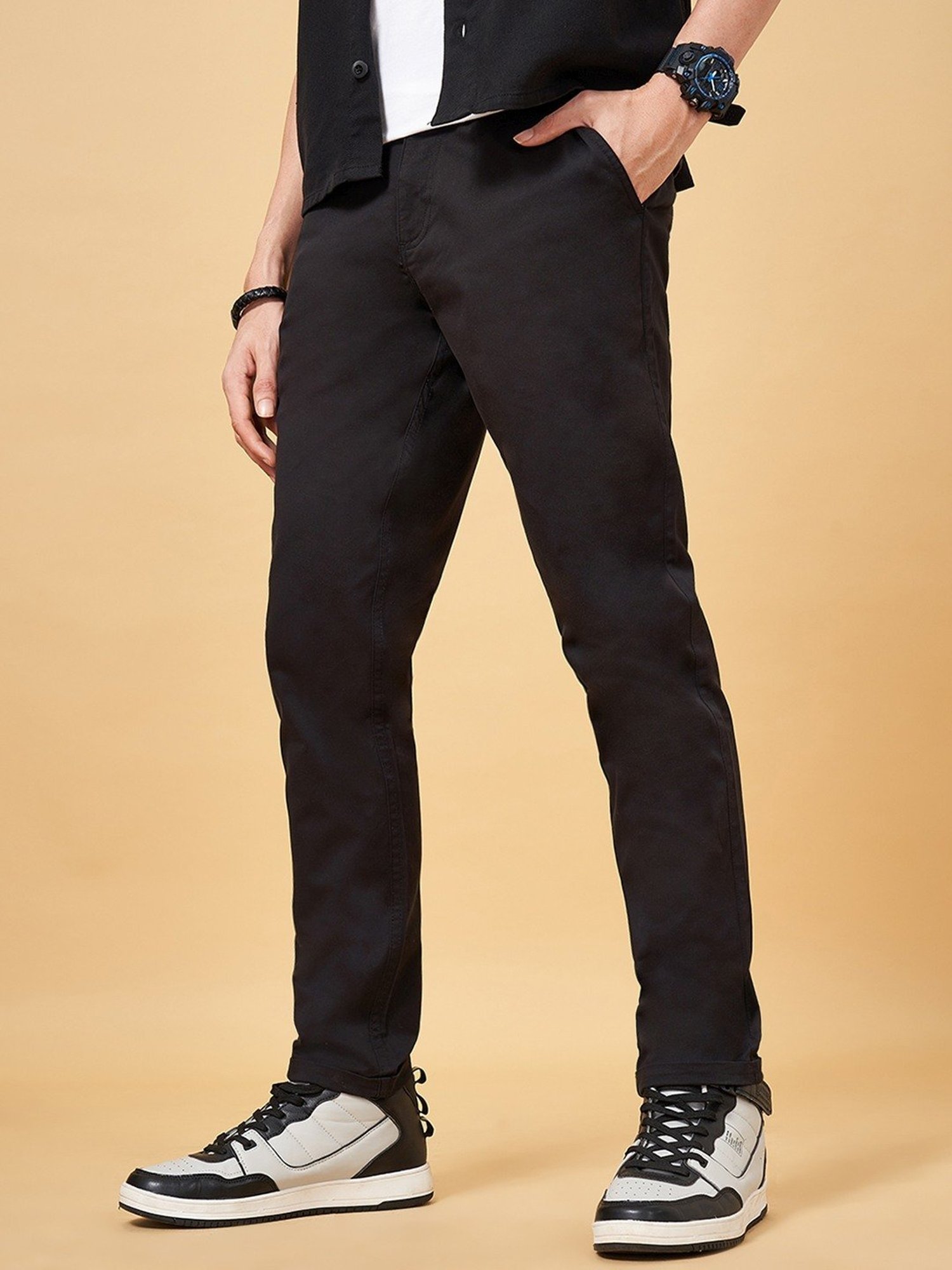 YU by Pantaloons Black Cotton Regular Fit Trousers