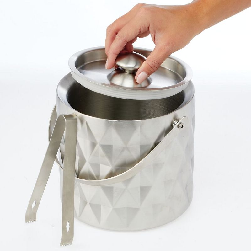 mDesign Ice Bucket with Lid, Tongs, Handle - Insulated Stainless Steel - Brushed