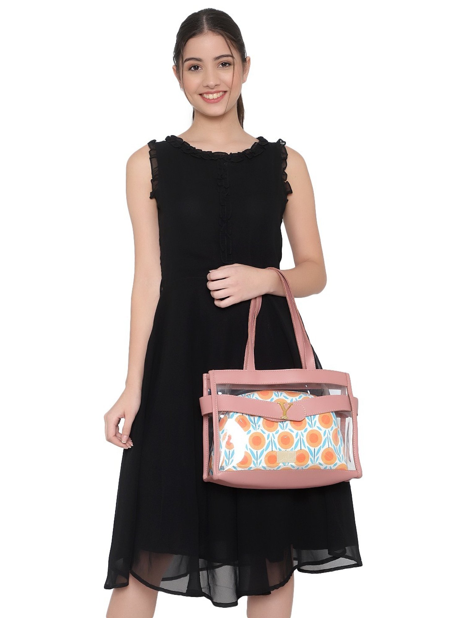 Yelloe Pink Printed Medium Handbag