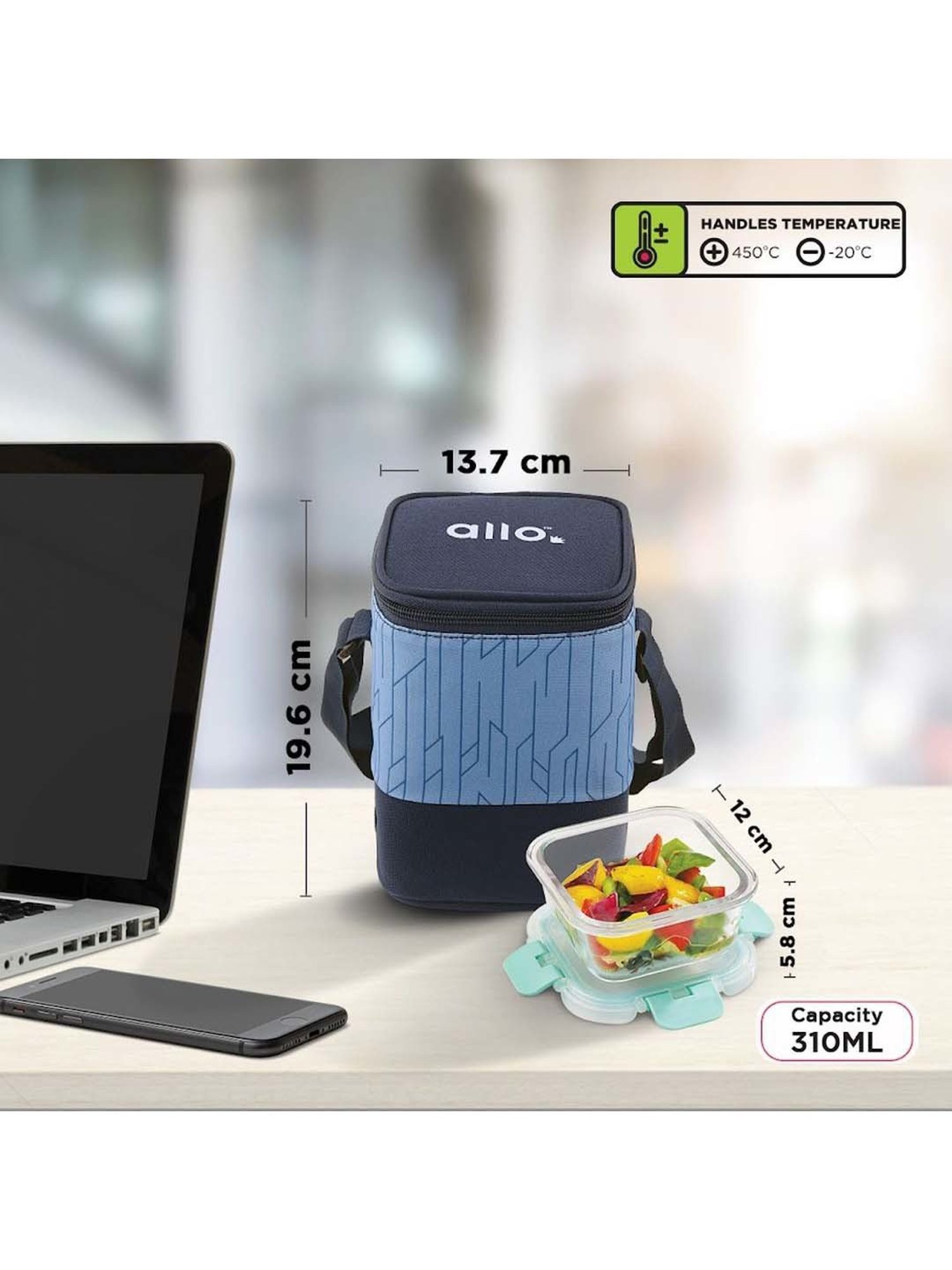 Allo Borosilicate Glass Lunch Box Microwave Oven Safe With Detachable Lock and Space Blue Tiffin Bag