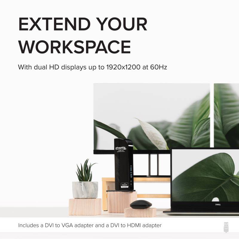 Plugable USB 3.0 Universal Laptop Docking Station Dual Monitor for Windows and Mac (Dual Video: HDMI and DVI/VGA/HDMI, Gigabit Ethernet, Audio, 6 USB Ports)