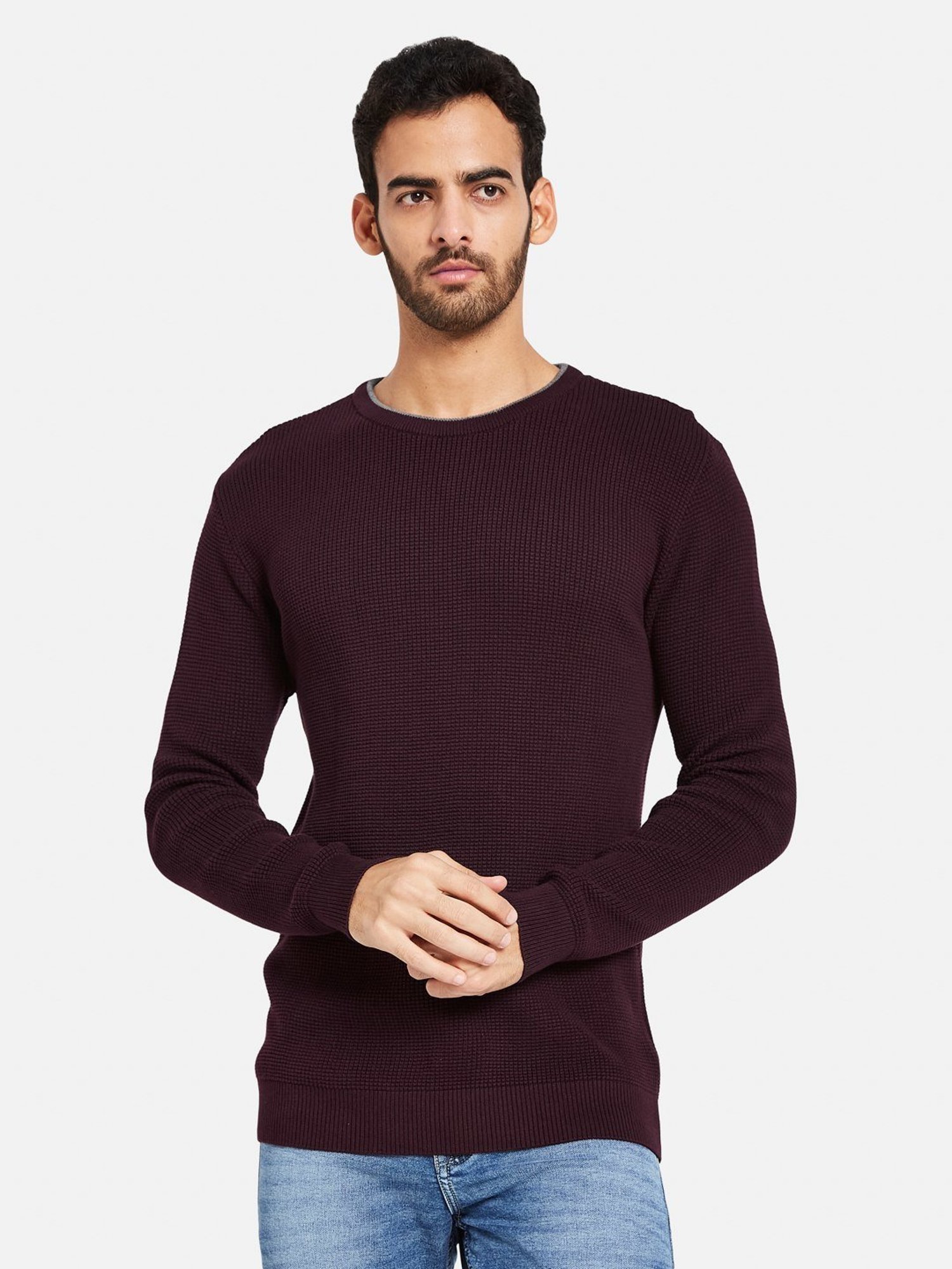 METTLE Wine Cotton Regular Fit Sweater