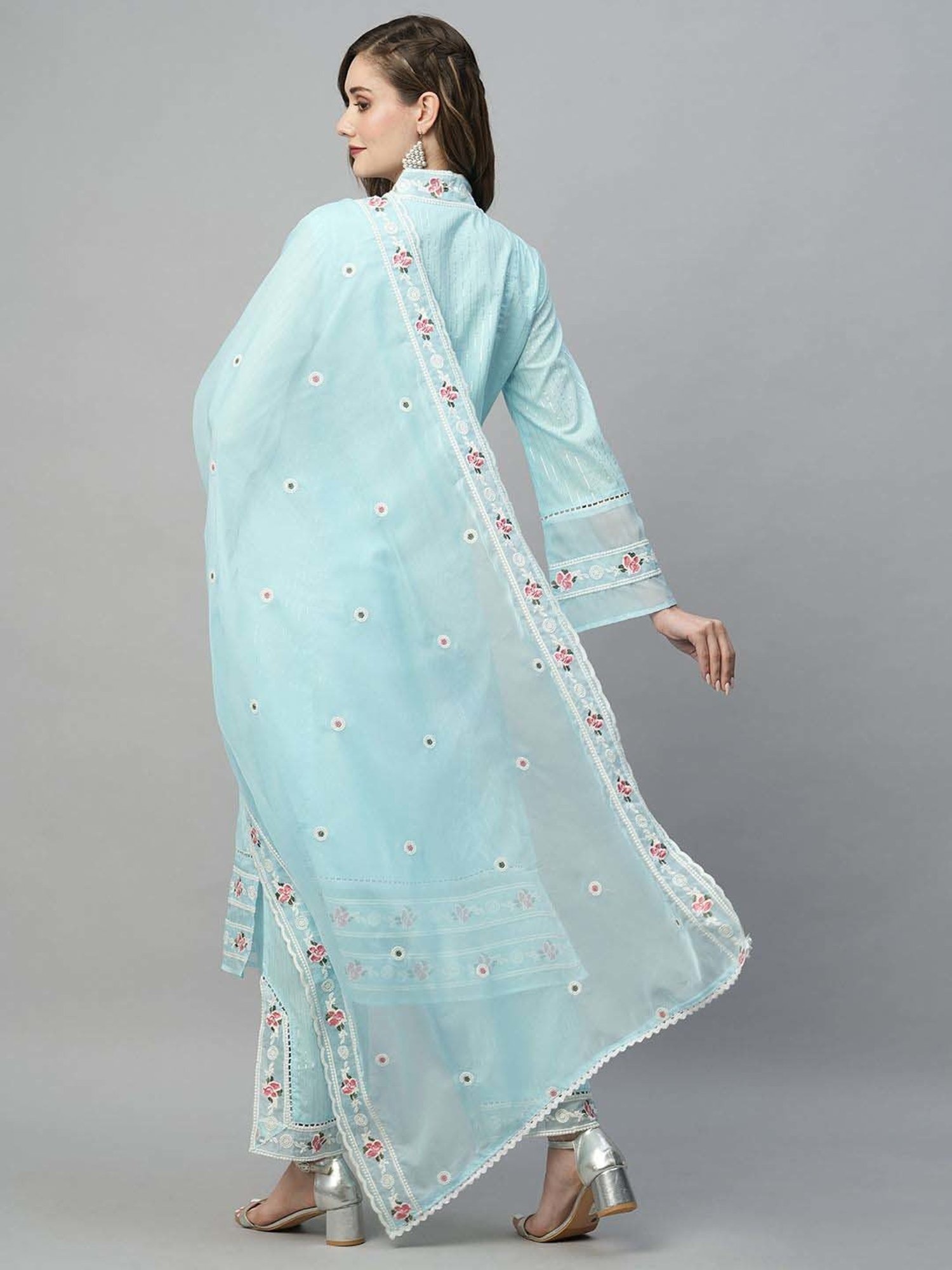 Heeposh Blue Cotton Embroidered Kurta Palazzo Set With Dupatta