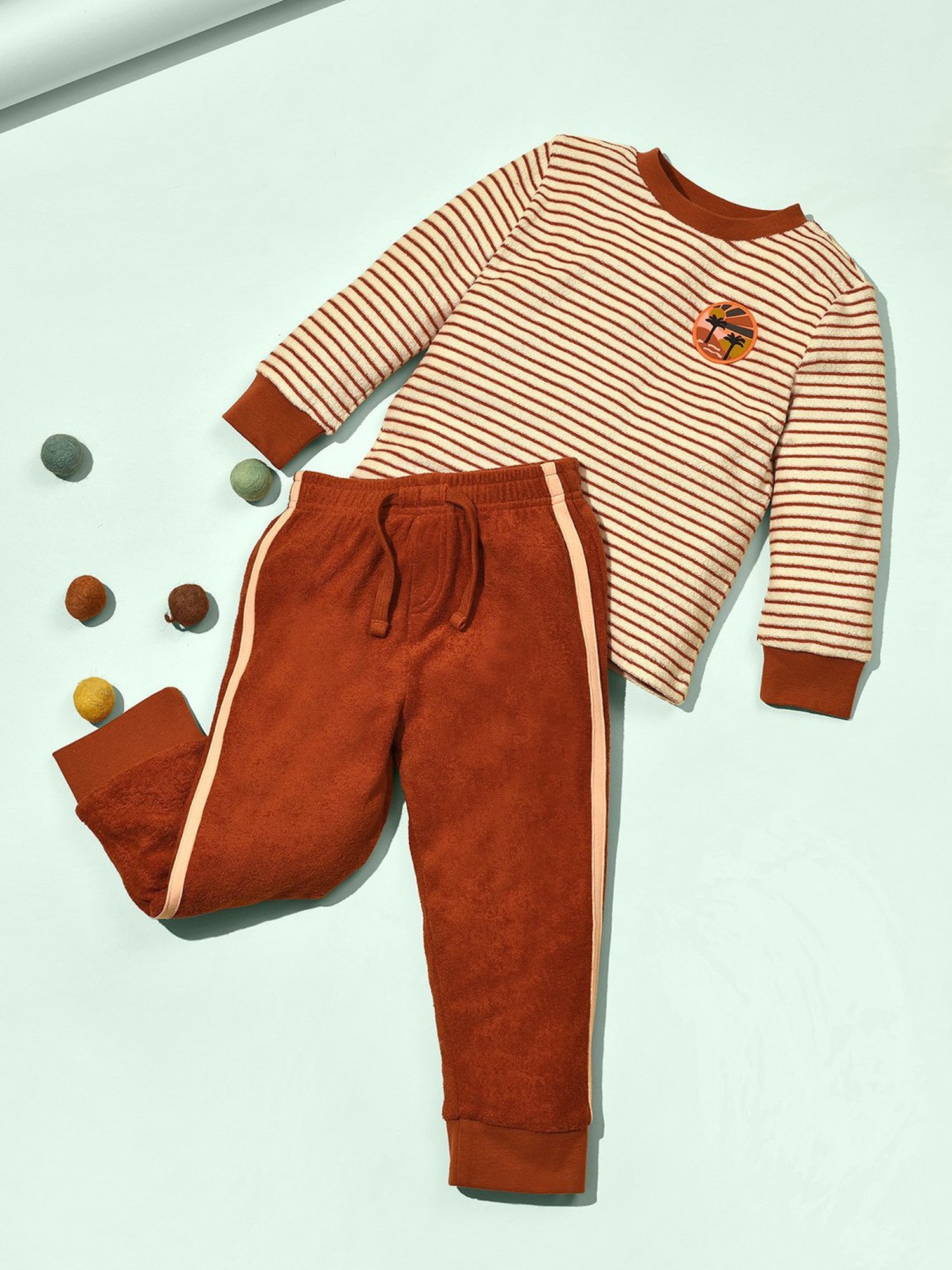 MiArcus Kids Rust Striped Full Sleeves T-Shirt with Pyjamas