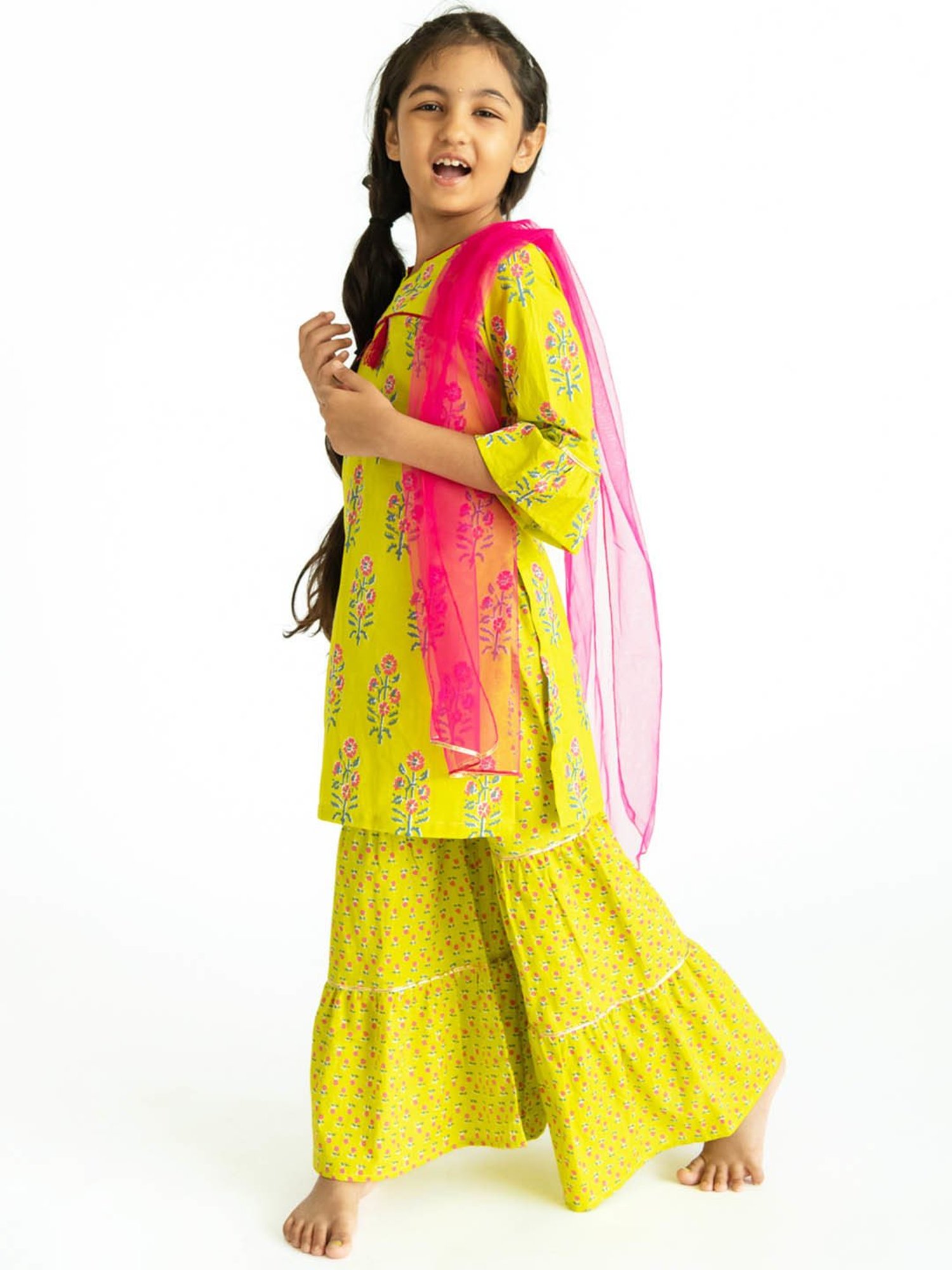 Campana Kids Lime Green & Pink Boota Block Print Kurti, Sharara & Dupatta